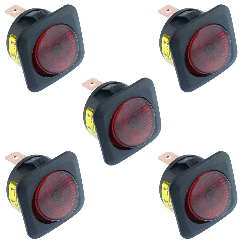 5 X Red Illuminated Flanged Round Circular Rocker Switch