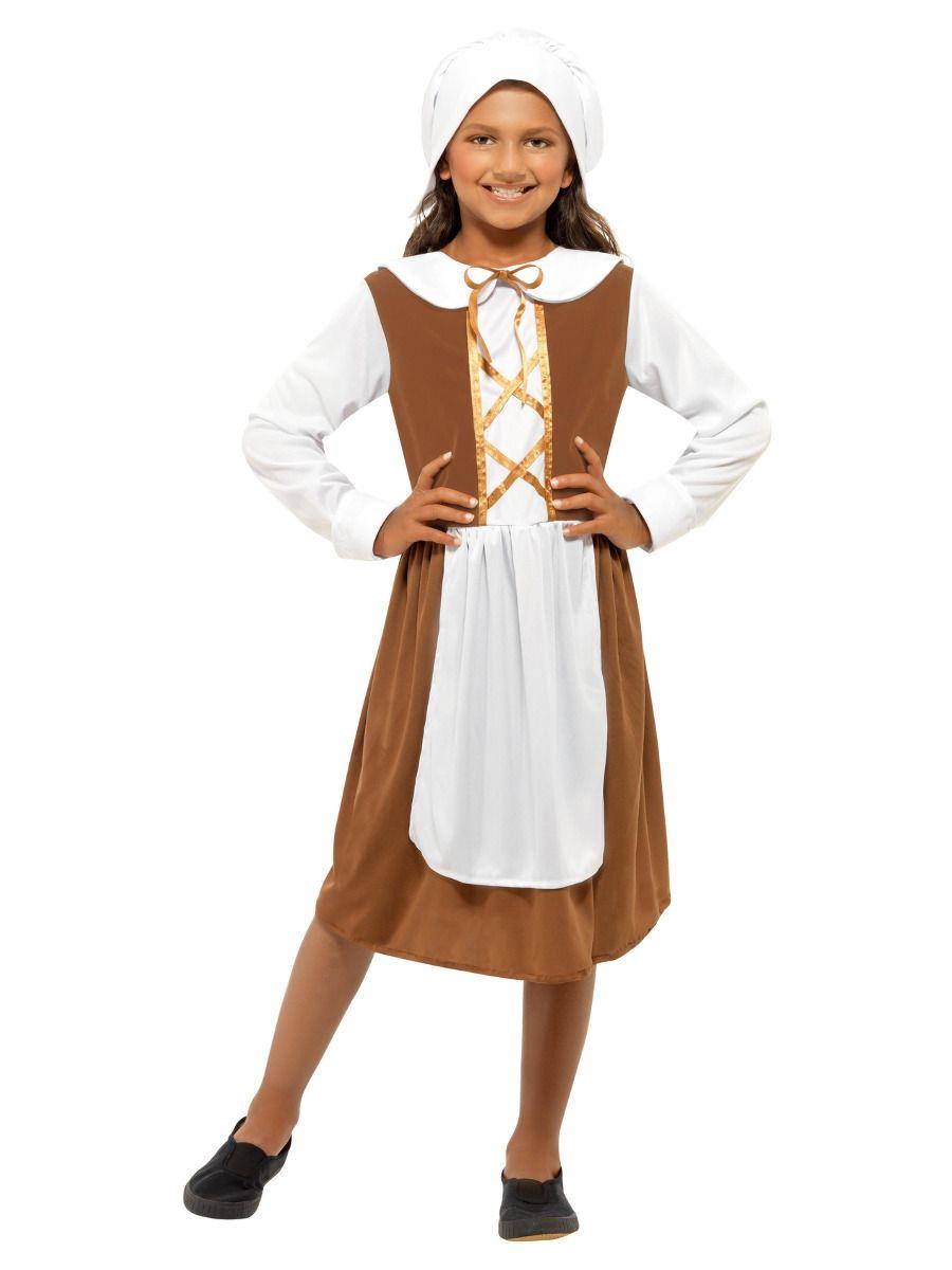 Child Girls Brown Tudor Medieval Maid Peasant Book Week Fancy Dress Costume - Picture 6 of 6