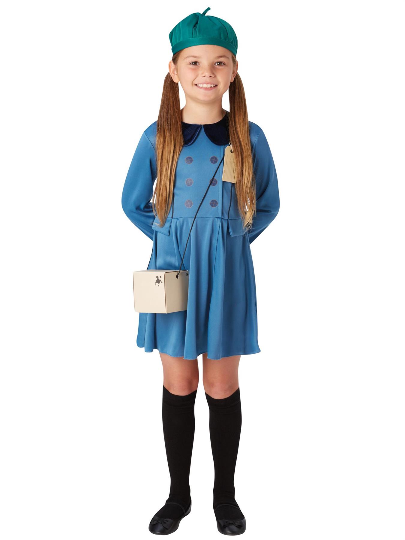 Child Girl Blue World War Historic School Uniform Beret Fancy Dress Costume - Picture 6 of 8