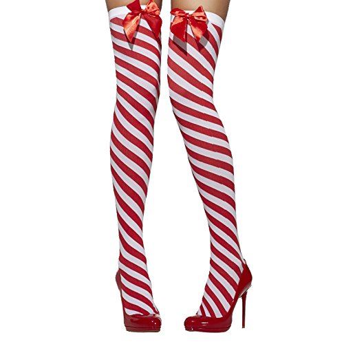 Erwachsene blickdicht gestreift halterlose Strümpfe mit Schleifen Weihnachten Kostüm Party Accessoire - Bild 3 von 3