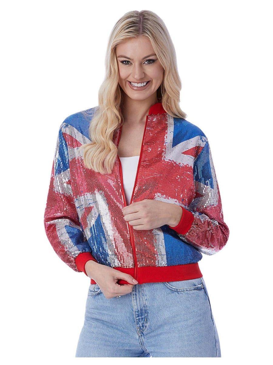Adult Women's Sequin Union Jack Bomber Jacket Coronation Fancy Dress Sizes 4-18 - Picture 6 of 7