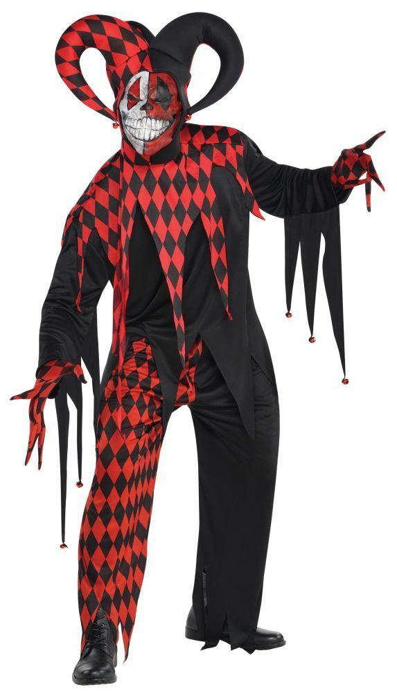 Adult Krazed Jester Costume Mens Horror Evil Clown Halloween Fancy Dress Outfit
