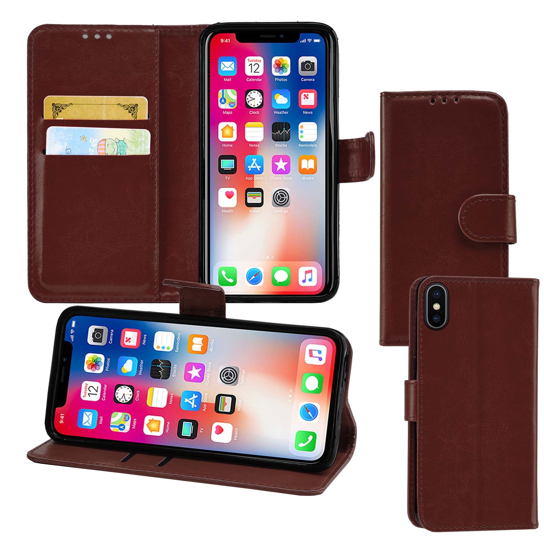 iPhone X Premium Leather Wallet Flip Cover Pouch Book - Picture 25 of 54