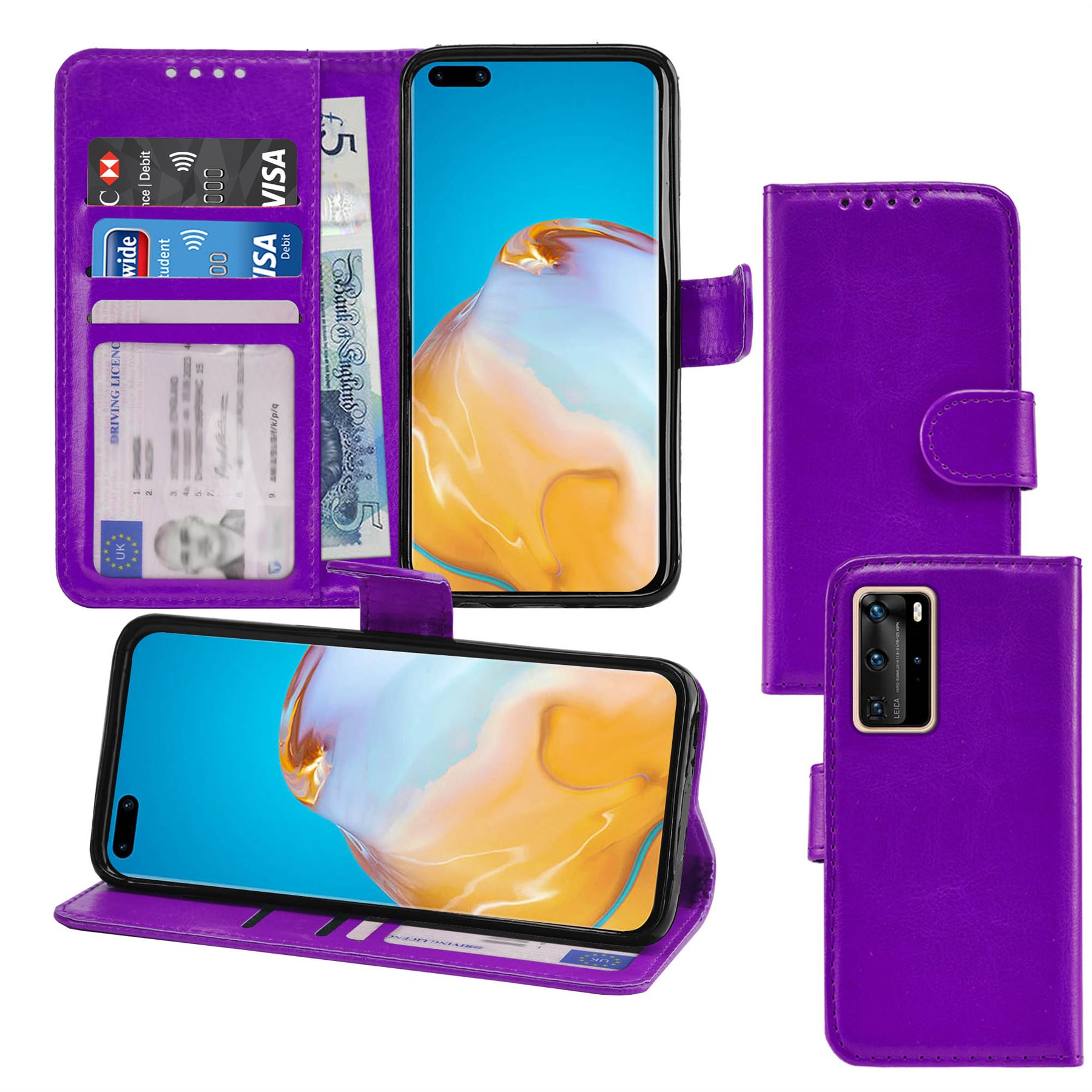 Photo ID Wallet Flip Folio Leather Phone Case Cover for Huawei P40 Pro - Picture 7 of 10