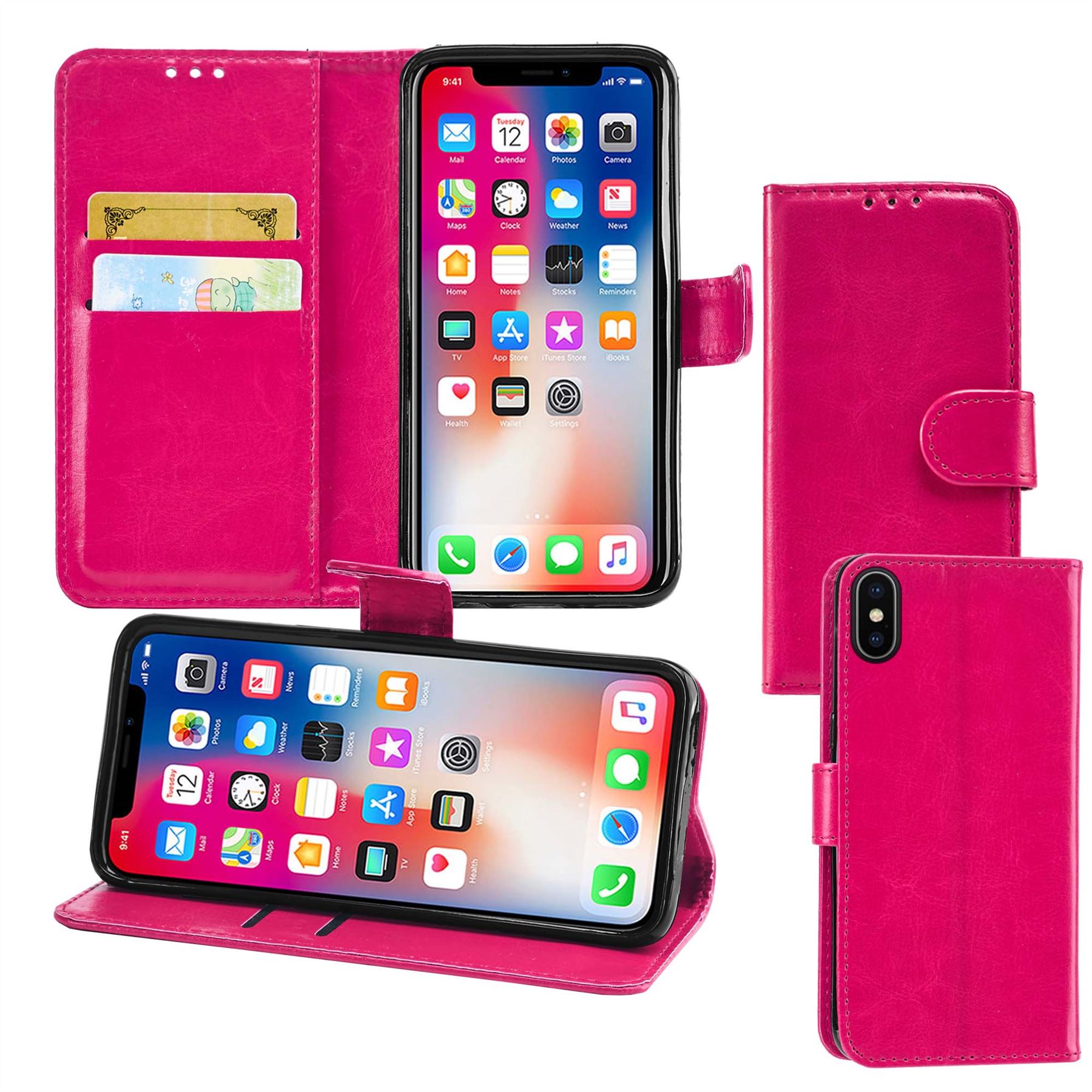 iPhone X Premium Leather Wallet Flip Cover Pouch Book - Picture 34 of 54