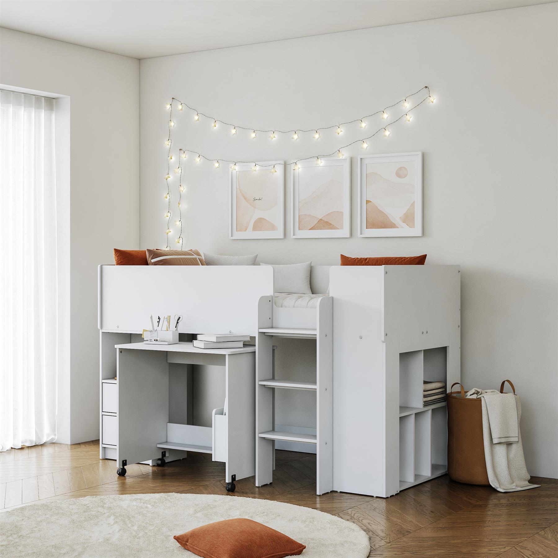 White,grey,Oak Wood Finish Mid Sleeper Kids Bunk Bed,Desk,Drawers,Shelf,Storage - Picture 14 of 22