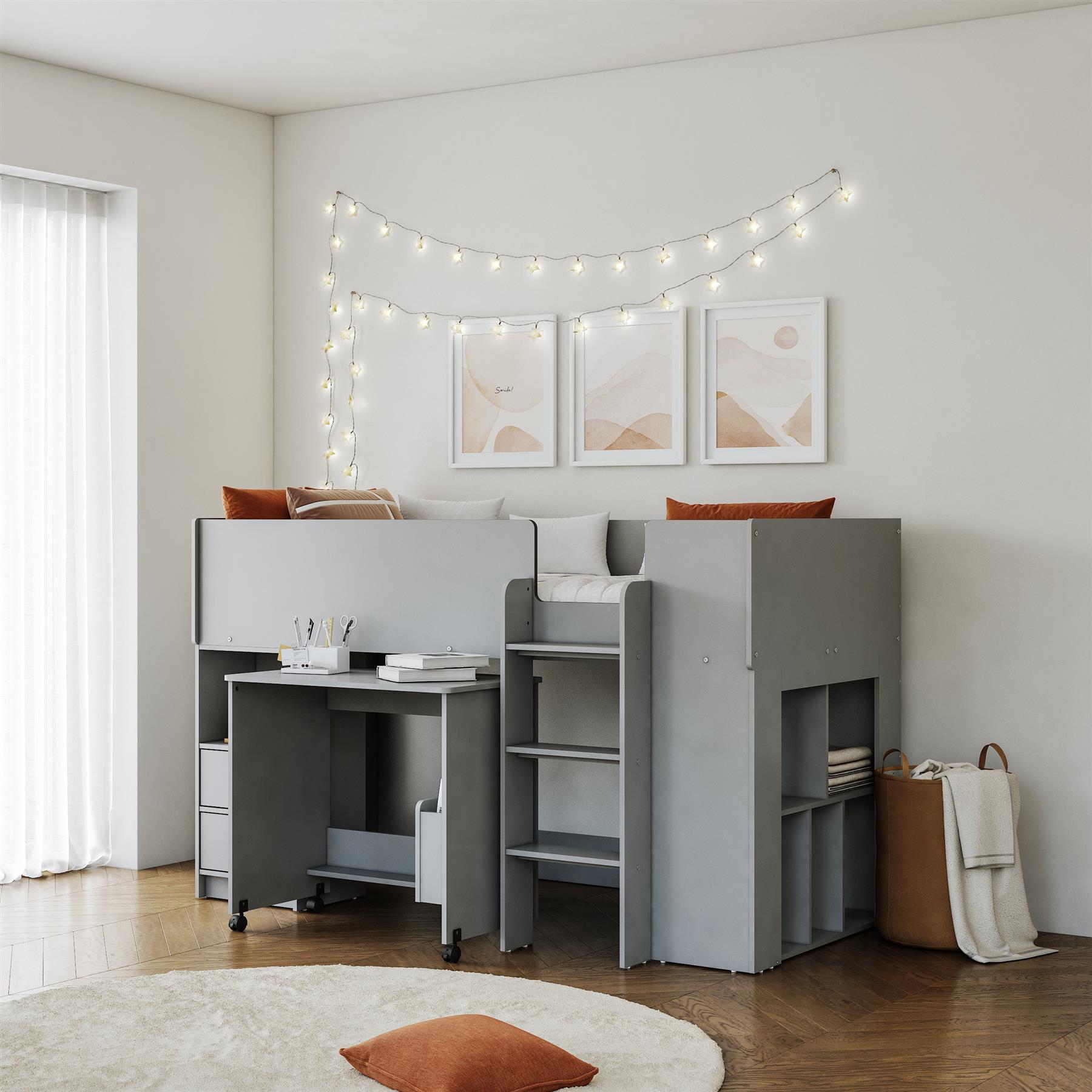 White,grey,Oak Wood Finish Mid Sleeper Kids Bunk Bed,Desk,Drawers,Shelf,Storage - Picture 7 of 22