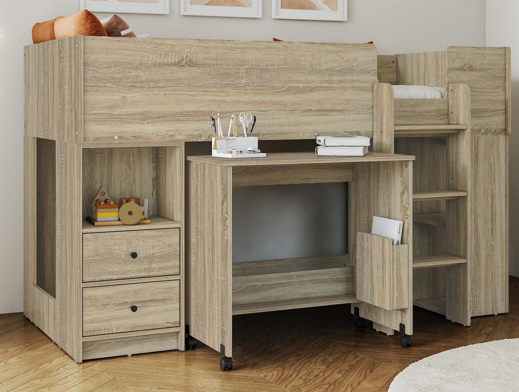 White,grey,Oak Wood Finish Mid Sleeper Kids Bunk Bed,Desk,Drawers,Shelf,Storage - Picture 16 of 22