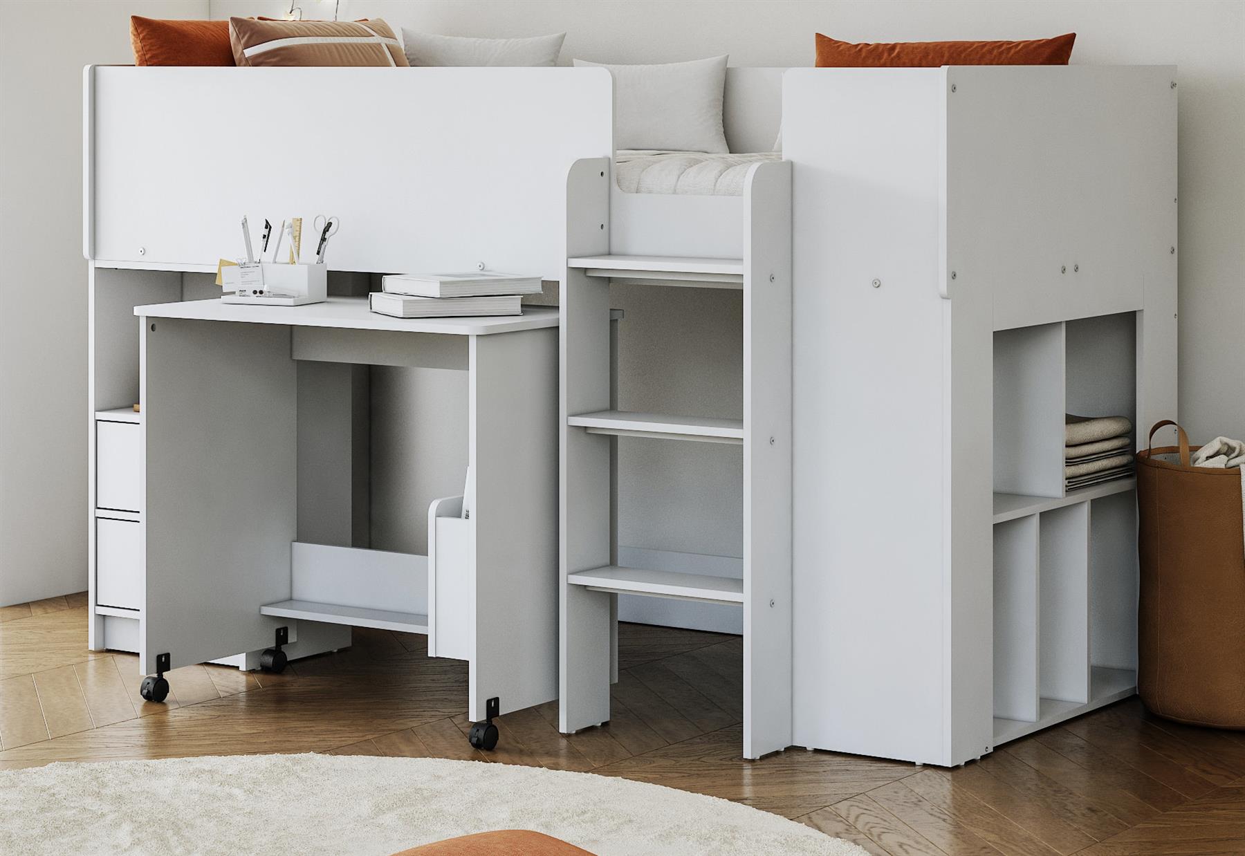 White,grey,Oak Wood Finish Mid Sleeper Kids Bunk Bed,Desk,Drawers,Shelf,Storage - Picture 9 of 22