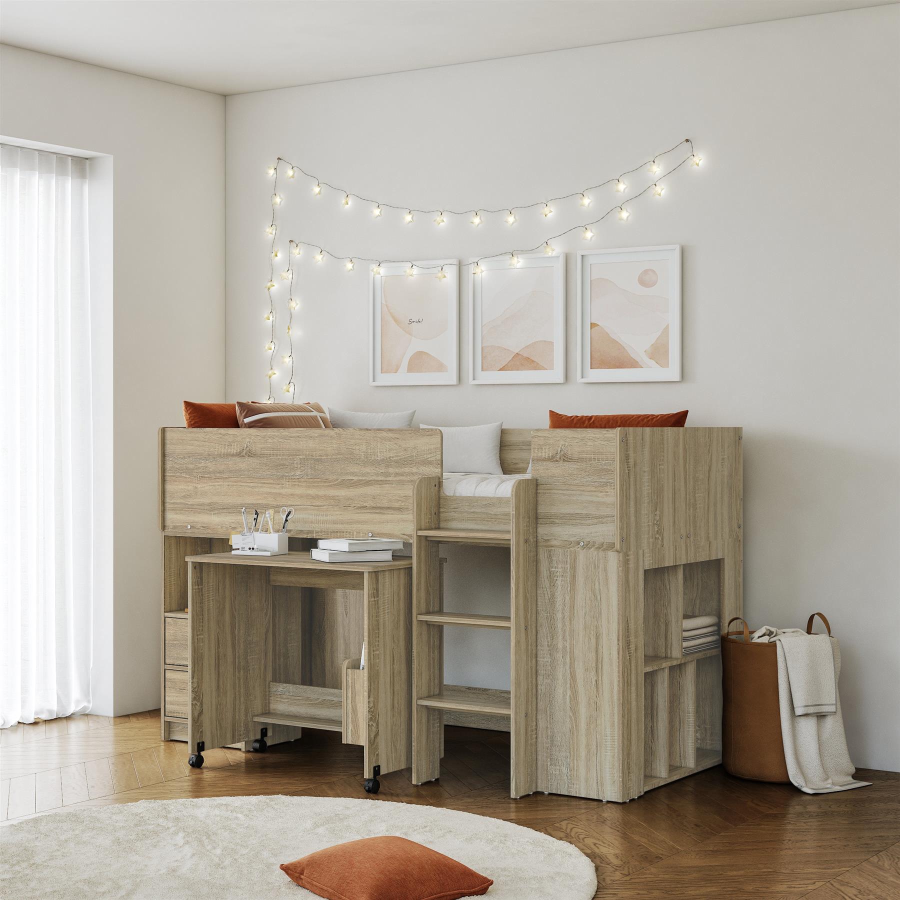 White,grey,Oak Wood Finish Mid Sleeper Kids Bunk Bed,Desk,Drawers,Shelf,Storage - Picture 21 of 22