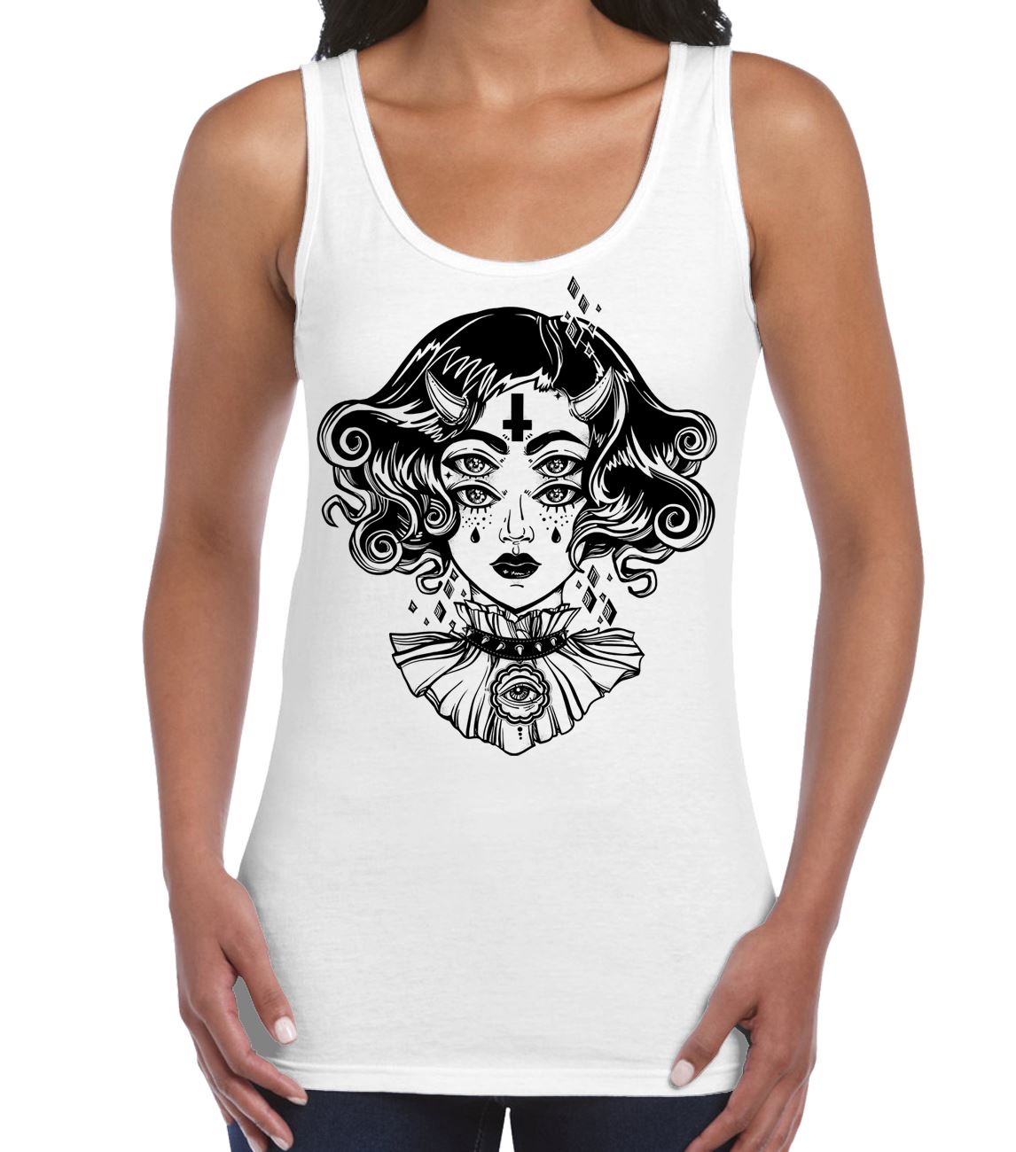 Devil Girl Satanic Cross Tattoo Large Print Women's Vest Tank Top - Picture 2 of 4