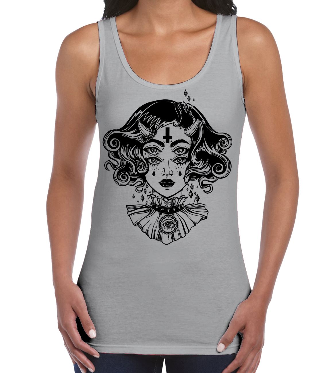 Devil Girl Satanic Cross Tattoo Large Print Women's Vest Tank Top - Picture 3 of 4
