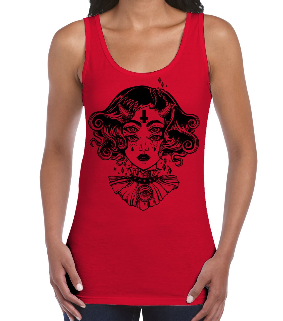 Devil Girl Satanic Cross Tattoo Large Print Women's Vest Tank Top - Picture 4 of 4