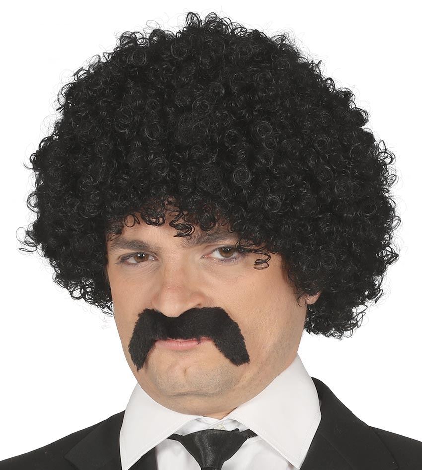 Mens 1980s Black Curly Wig Moustache Scouser Fancy Dress