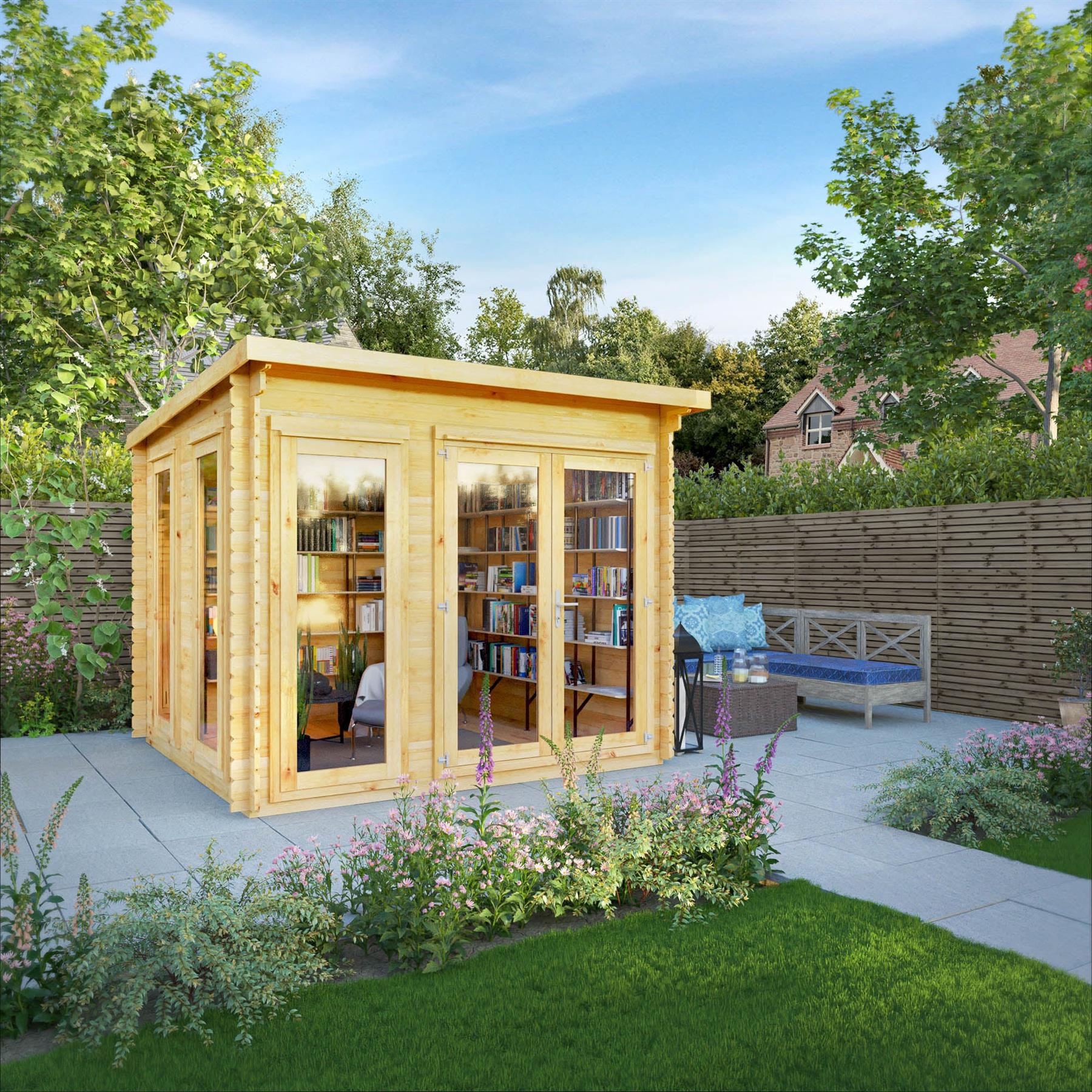 Waltons 3m x 3m Wooden Log Cabin Pent Roof Summerhouse Garden Room Double Door