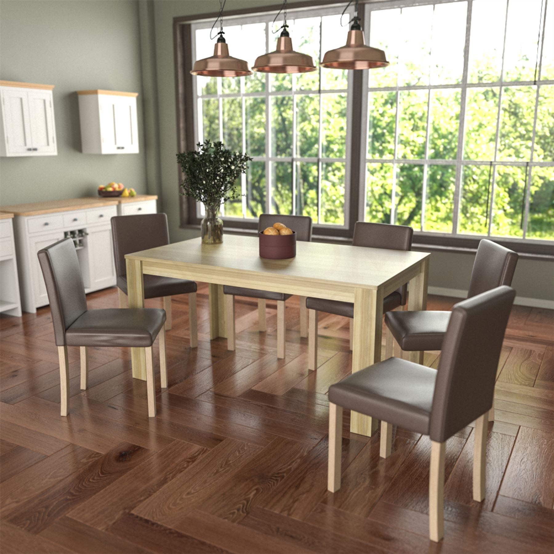 Dining Table & Chairs Set 4/6 Faux Leather Fabric Kitchen Padded Seat Furniture - Picture 30 of 87