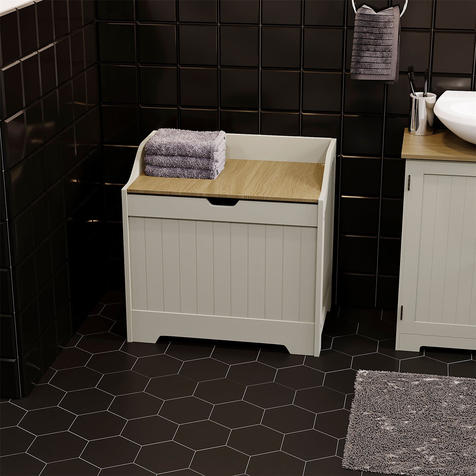 Bathroom Laundry Chest Storage Ottoman Hamper Cabinet Box MDF Wood Basket Bin - Picture 11 of 25