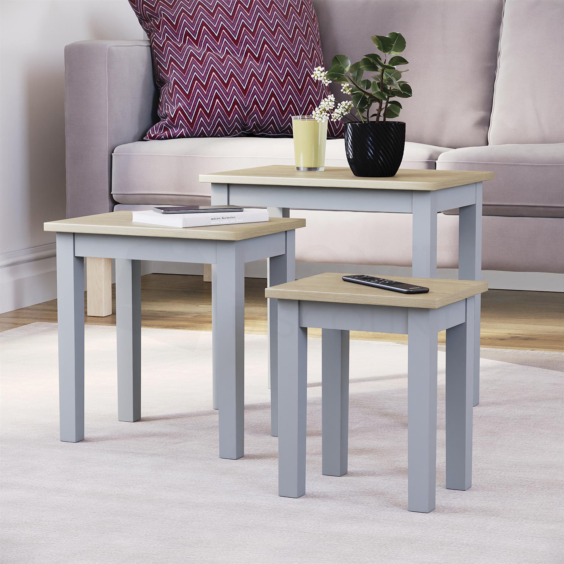 Wooden Nest of Tables 3 Piece Table Set Coffee Side Living Room Furniture - Picture 18 of 37