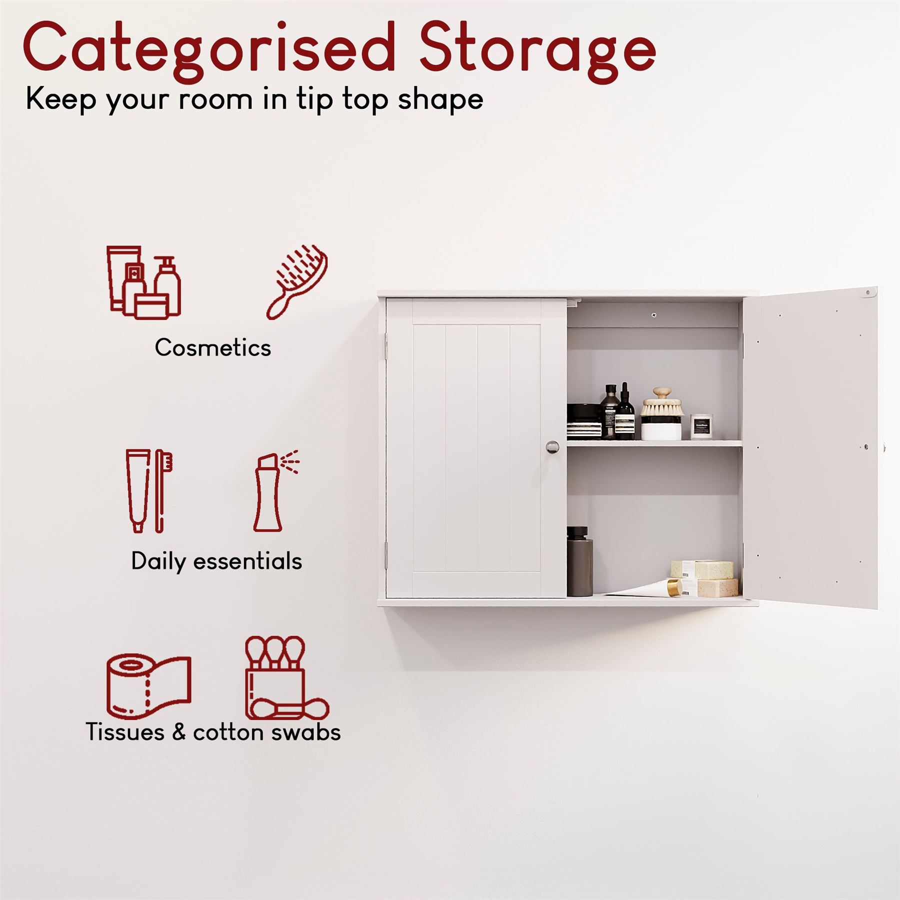 Wall Mounted Cabinet Bathroom White Single Double Door Vanity Storage Cupboard - Picture 66 of 113