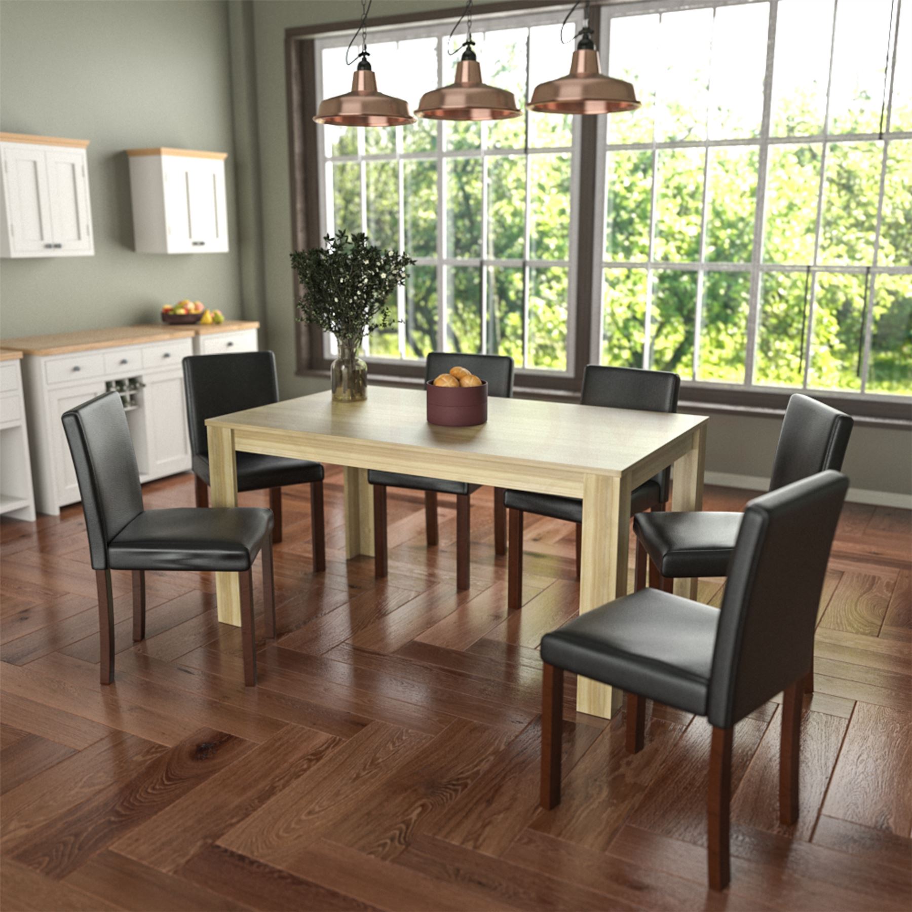 Dining Table & Chairs Set 4/6 Faux Leather Fabric Kitchen Padded Seat Furniture - Picture 38 of 87