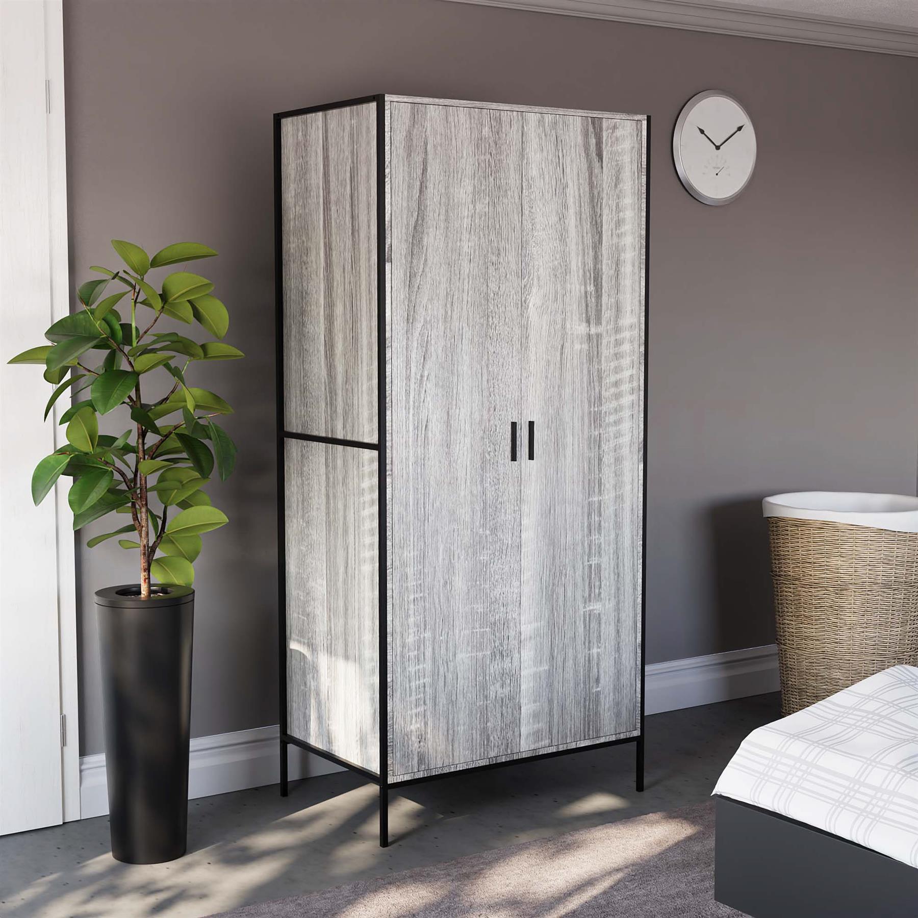Industrial Wooden Wardrobe With Hanging Rail Shelf Clothes Storage Organiser - Picture 8 of 13
