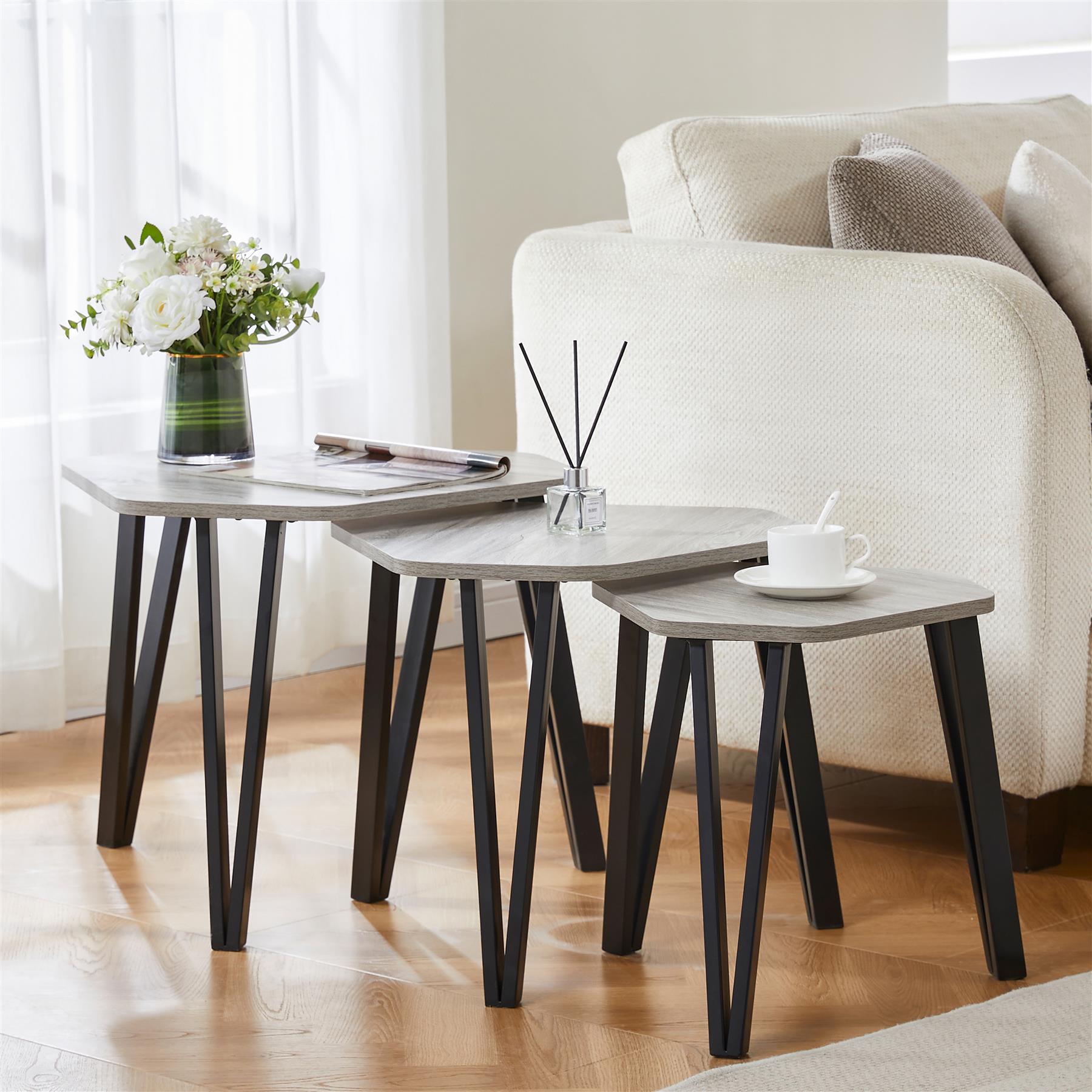 JaHECOME Nest of Tables Set of 3 Nesting Tables High Gloss Coffee Tables Stackable Design MDF Wood End Side Tables for Living Room Office or Lounge (Grey) 19 Wooden Nested Nesting Nest of Tables Set of 2 3 Coffee Side Table Living Room