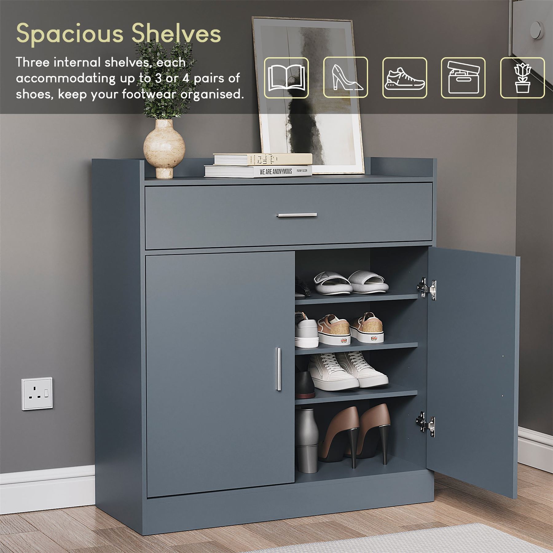 Vida Designs Dalby Shoe Storage Cabinet 2 Door 1 Drawer Shoe Rack Cupboard - Picture 15 of 37