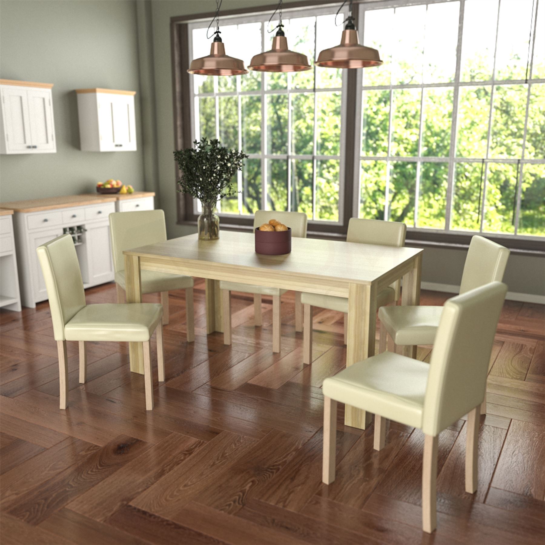 Dining Table & Chairs Set 4/6 Faux Leather Fabric Kitchen Padded Seat Furniture - Picture 23 of 87
