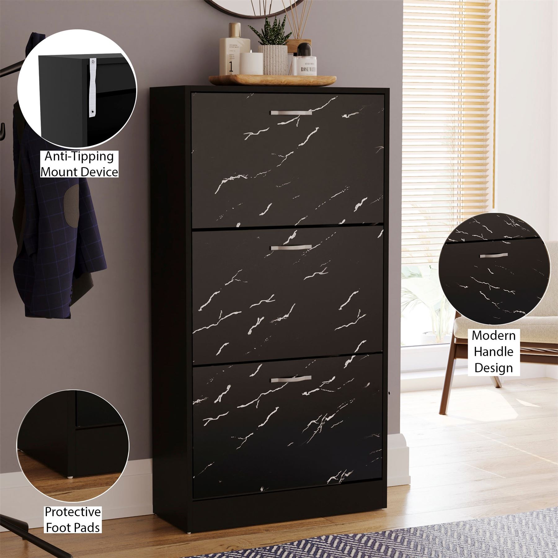 Schuhschrank mit 3 Schubladen Aufbewahrungsschrank Schuhe Ständer Regal Holz weiß schwarz - Bild 46 von 79