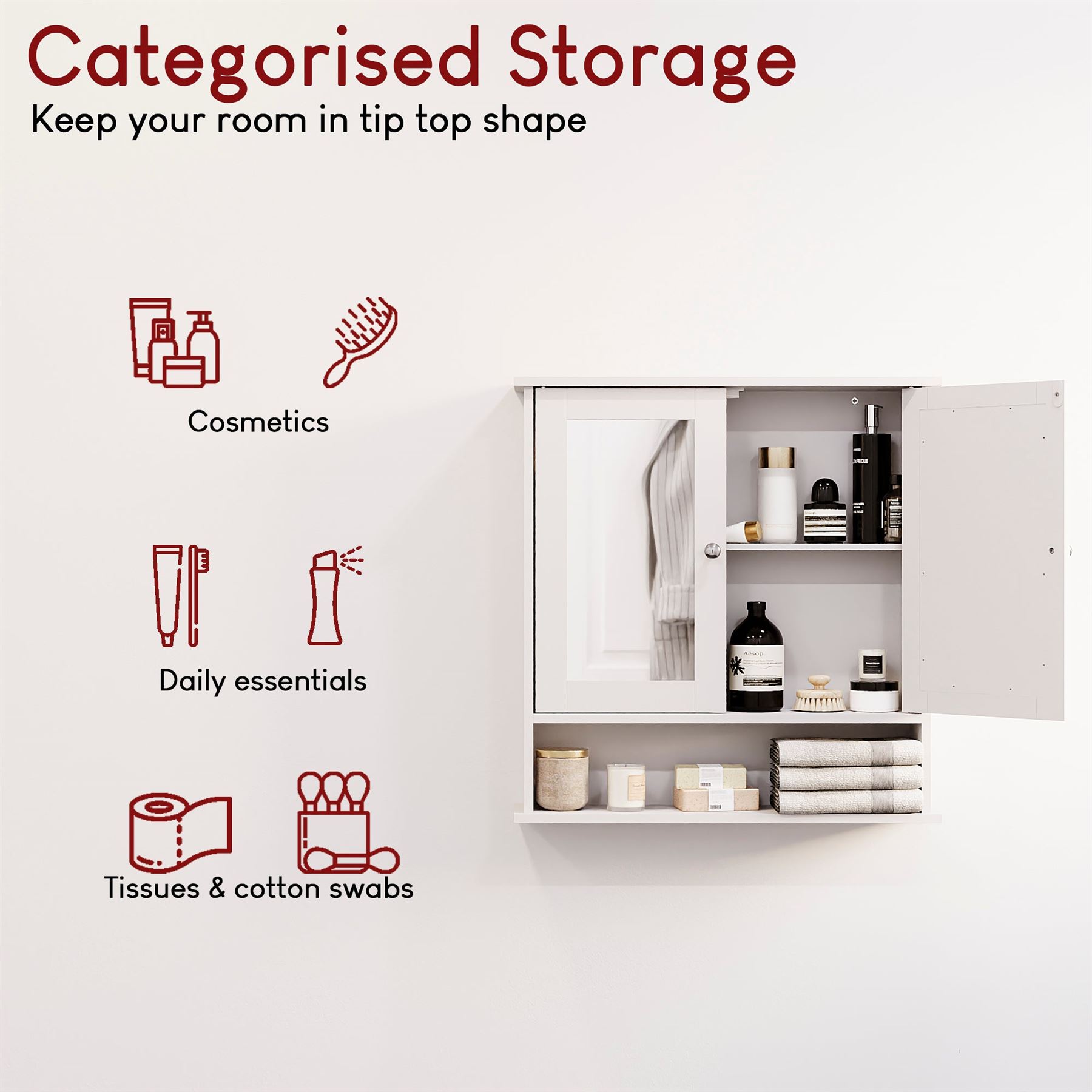 Wall Mounted Cabinet Bathroom White Single Double Door Vanity Storage Cupboard - Picture 39 of 113