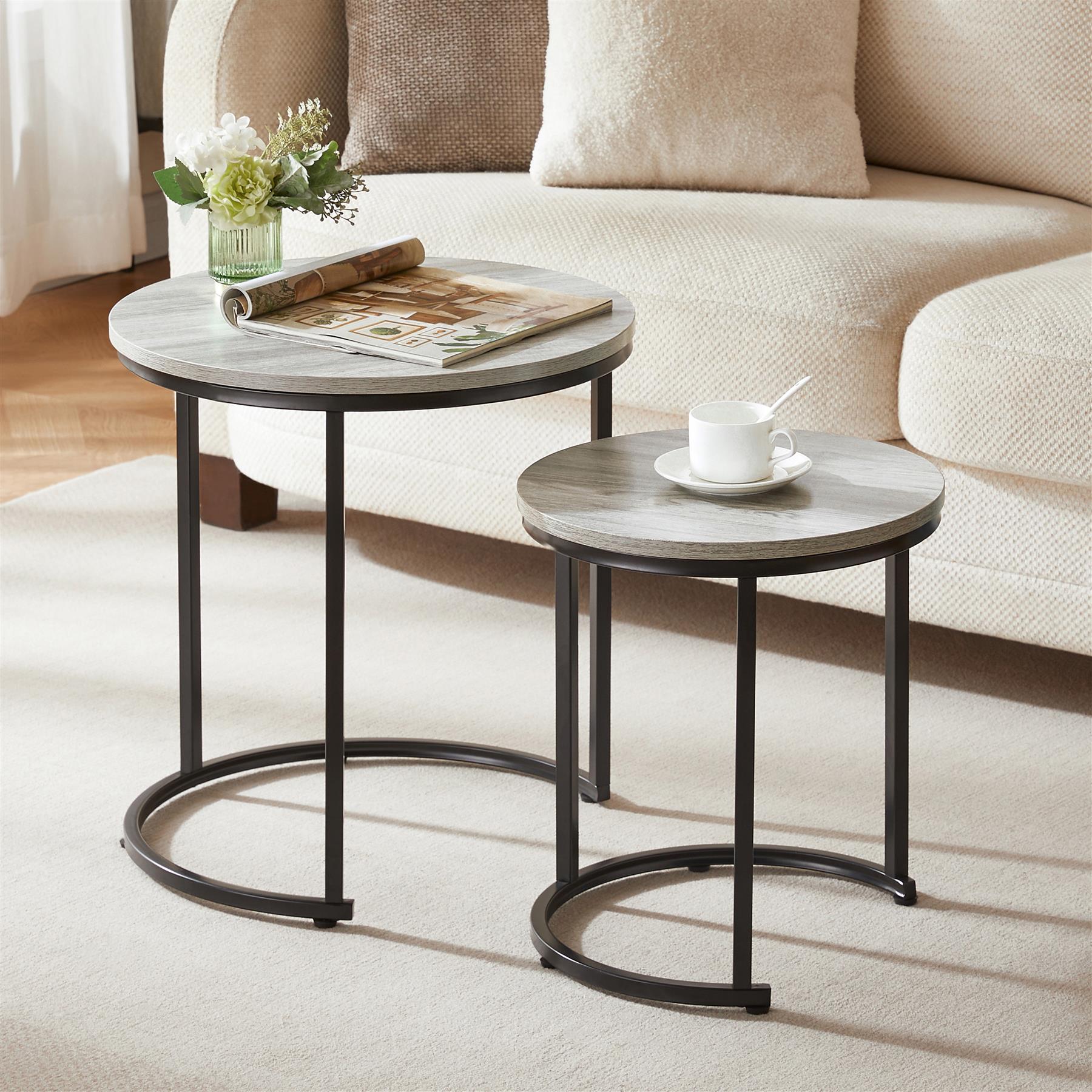 Yaheetech Wood Nesting Table Set, Round End Table with Steel Legs, Industrial Cocktail Sofa Side Table for Living Room/Bedroom/Reception, 60 x 60 x 50.5cm, Gray 29 Wooden Nested Nesting Nest of Tables Set of 2 3 Coffee Side Table Living Room