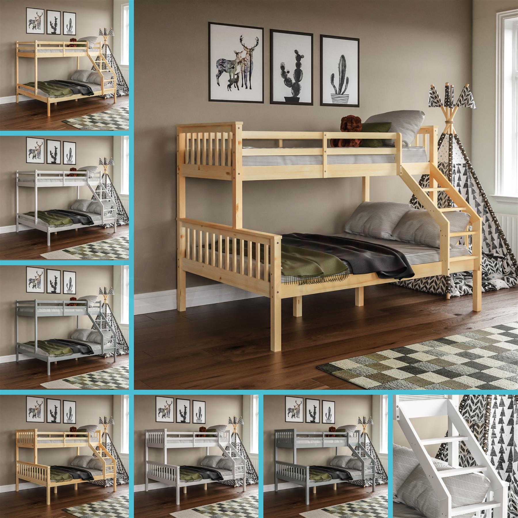 Triple Sleeper Bunk Bed Solid Wood Frame Kids Childrens Double Single