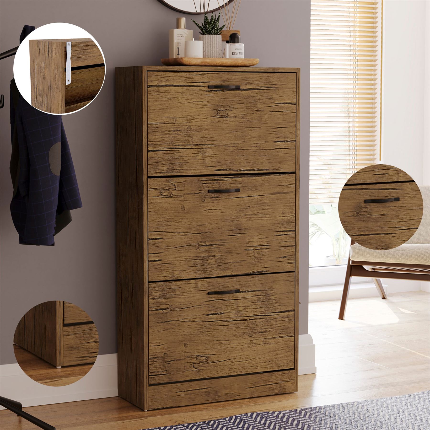 Schuhschrank mit 3 Schubladen Aufbewahrungsschrank Schuhe Ständer Regal Holz weiß schwarz - Bild 31 von 79