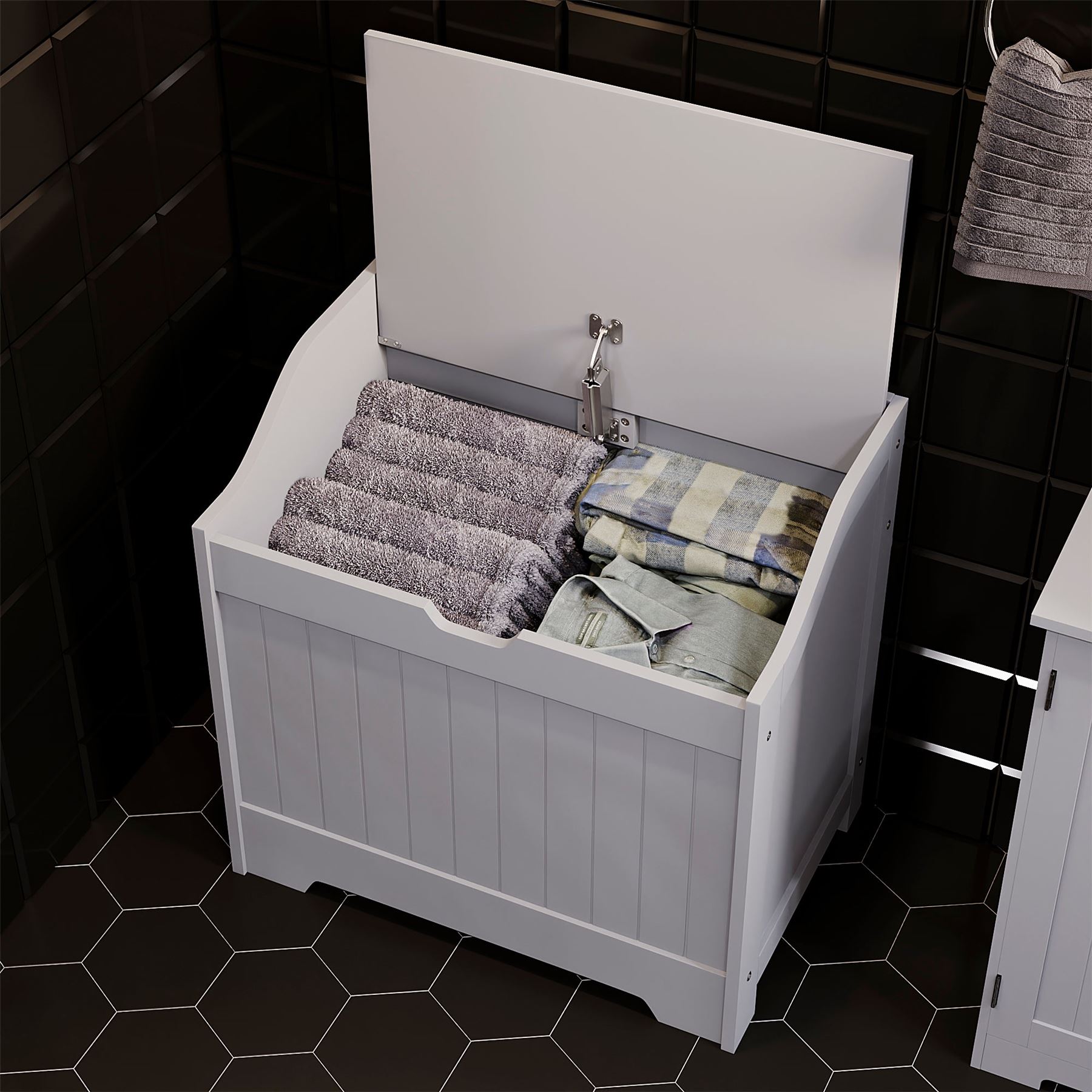 Bathroom Laundry Chest Storage Ottoman Hamper Cabinet Box MDF Wood Basket Bin - Picture 7 of 25