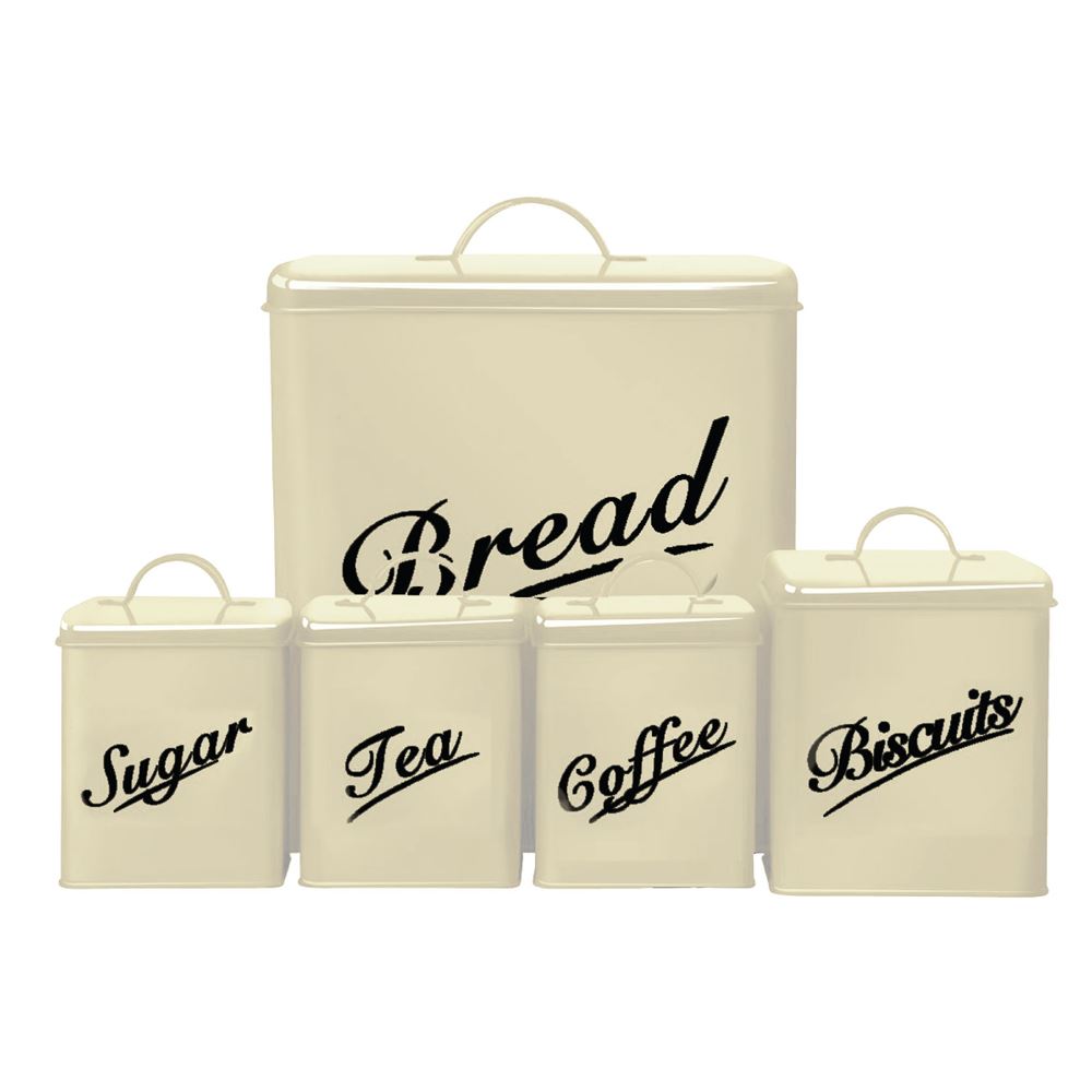 Denny International® 5 Piece Kitchen Storage Includes Bread Bin Biscuit Tea Coffee Sugar Caddy Tins Containers Canister Storage Jars Pots Set Cream