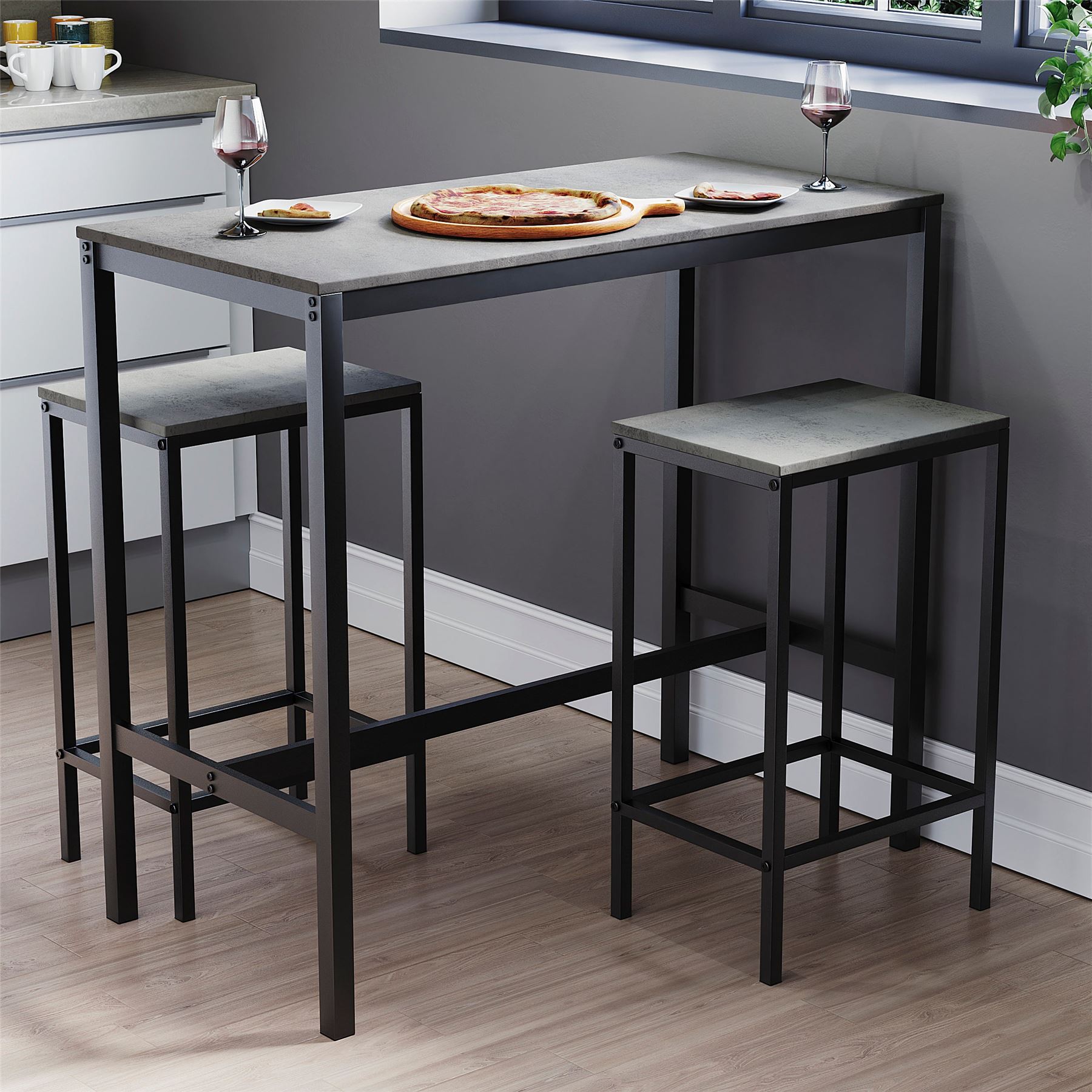 Wooden Bar Table & Stool Set 2 Seater Chair Industrial Kitchen Dining Room - Picture 11 of 37