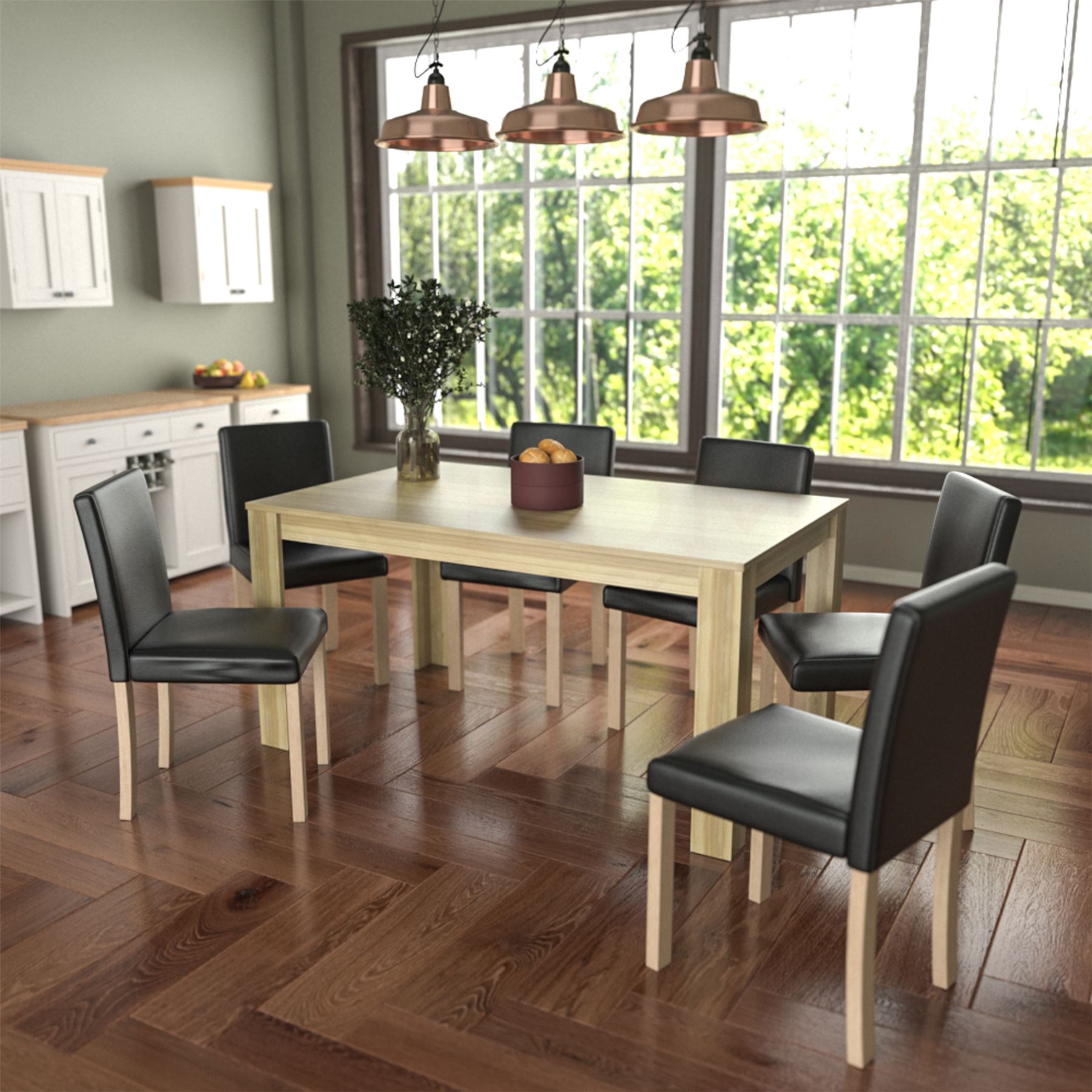 Dining Table & Chairs Set 4/6 Faux Leather Fabric Kitchen Padded Seat Furniture - Picture 14 of 87