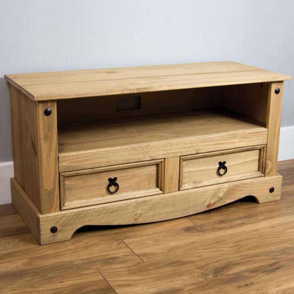 Corona Flat Screen TV Unit Stand 2 Drawer Mexican Solid Pine By Home