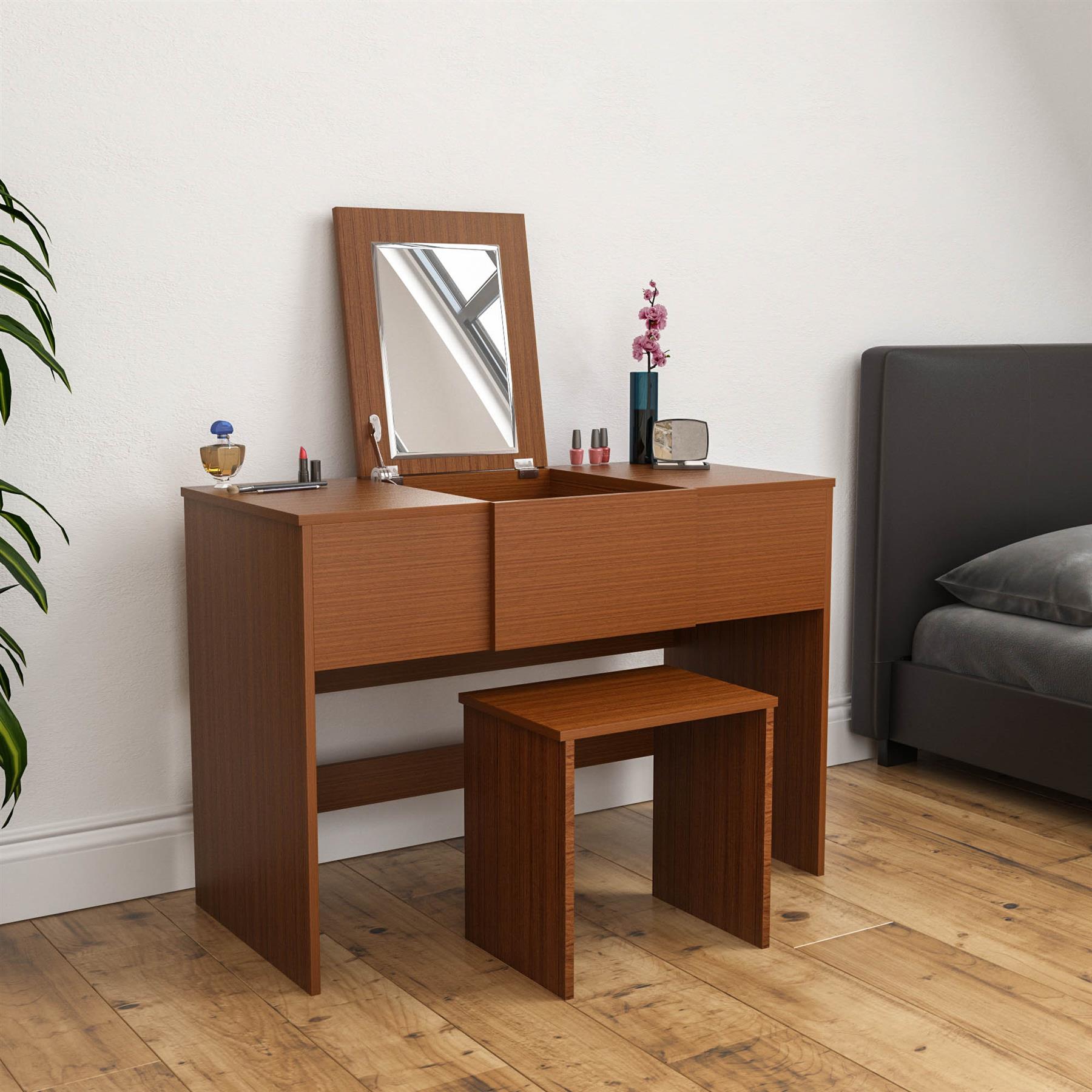 Dressing Table & Stool Set Mirror Cabinet 3 Drawers Storage Cabinet Makeup Desk - Picture 16 of 107