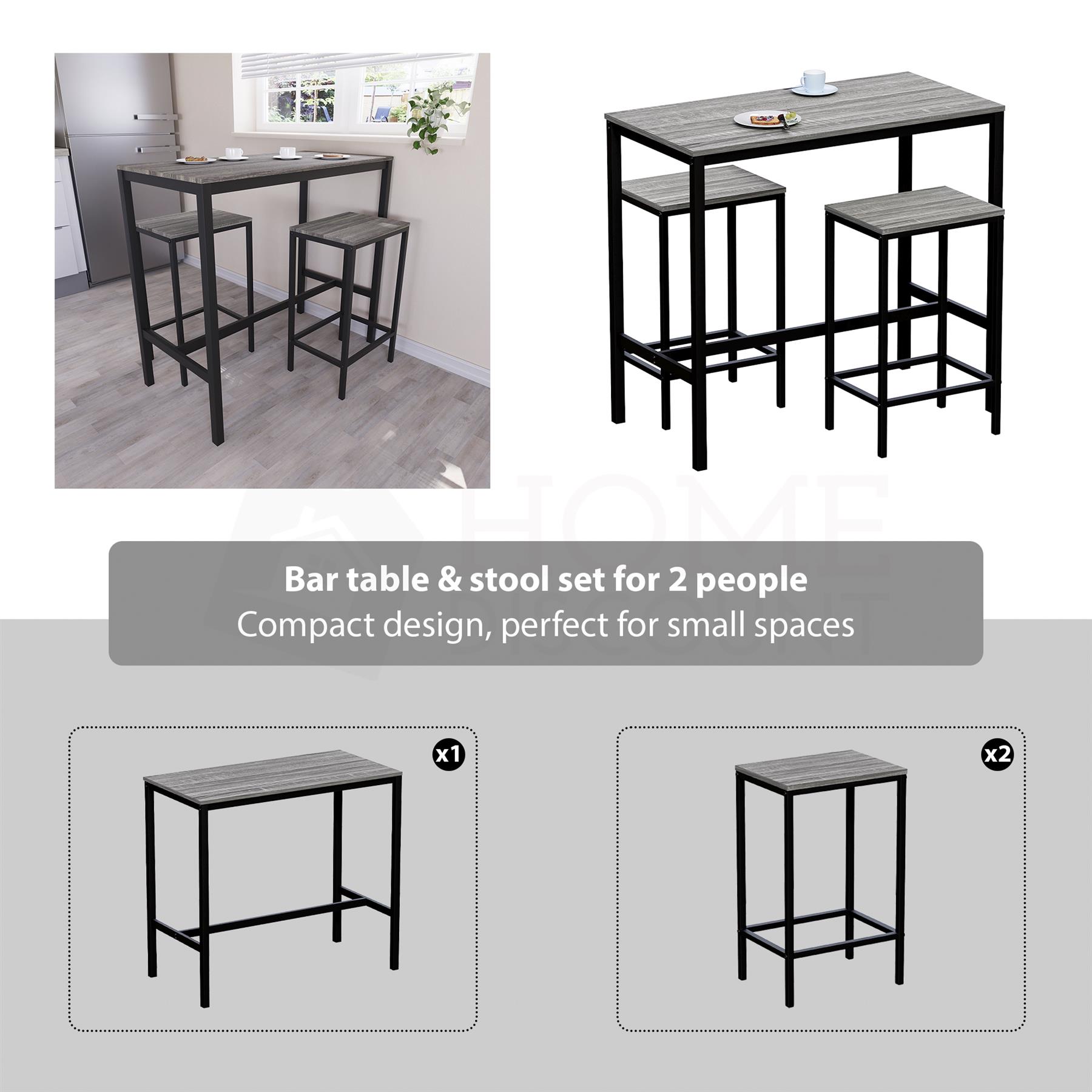 Wooden Bar Table & Stool Set 2 Seater Chair Industrial Kitchen Dining Room - Picture 37 of 37