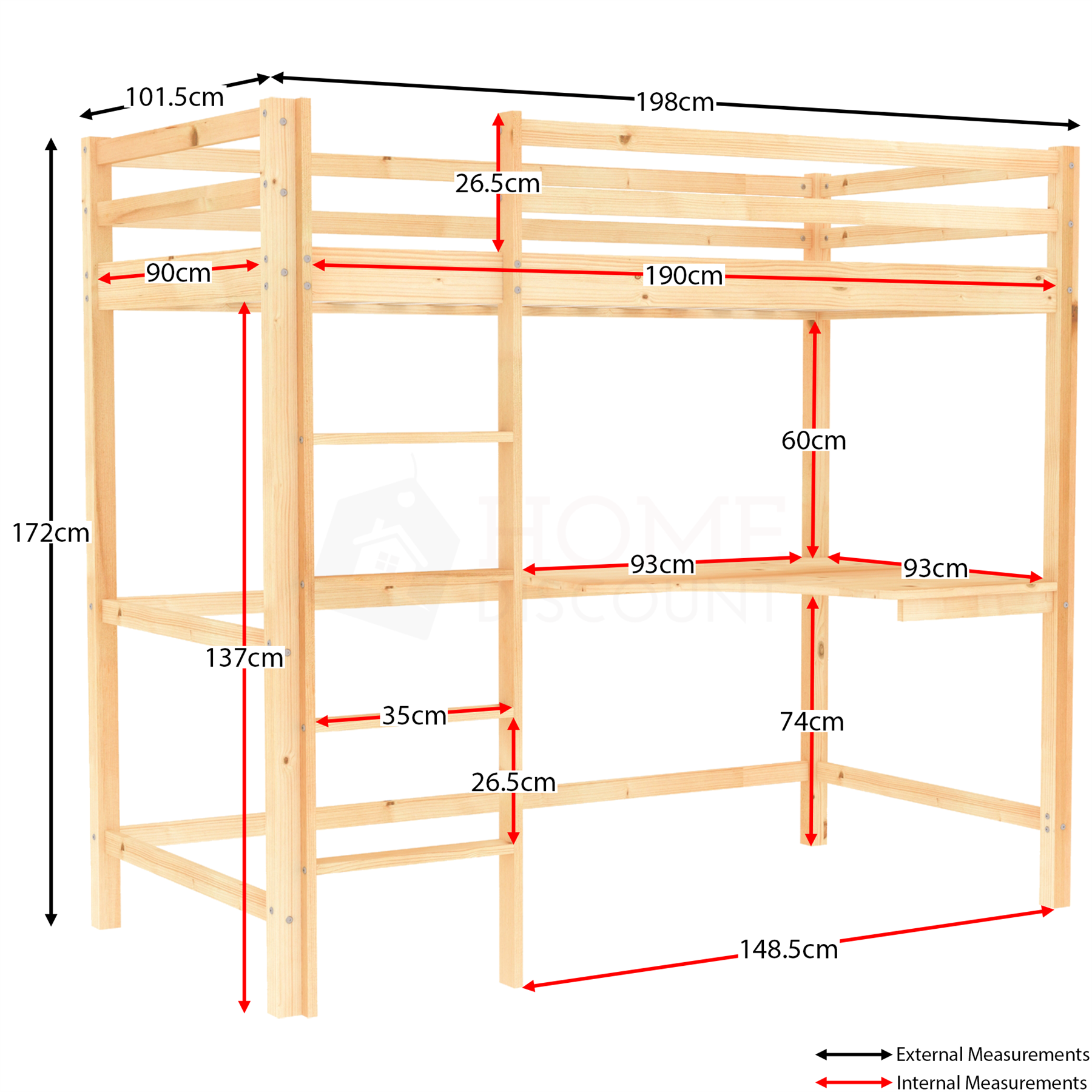 Bunk Bed Solid Pine 3ft Single Kids Children Bed Frame With Desk Mattress Option - Picture 17 of 22