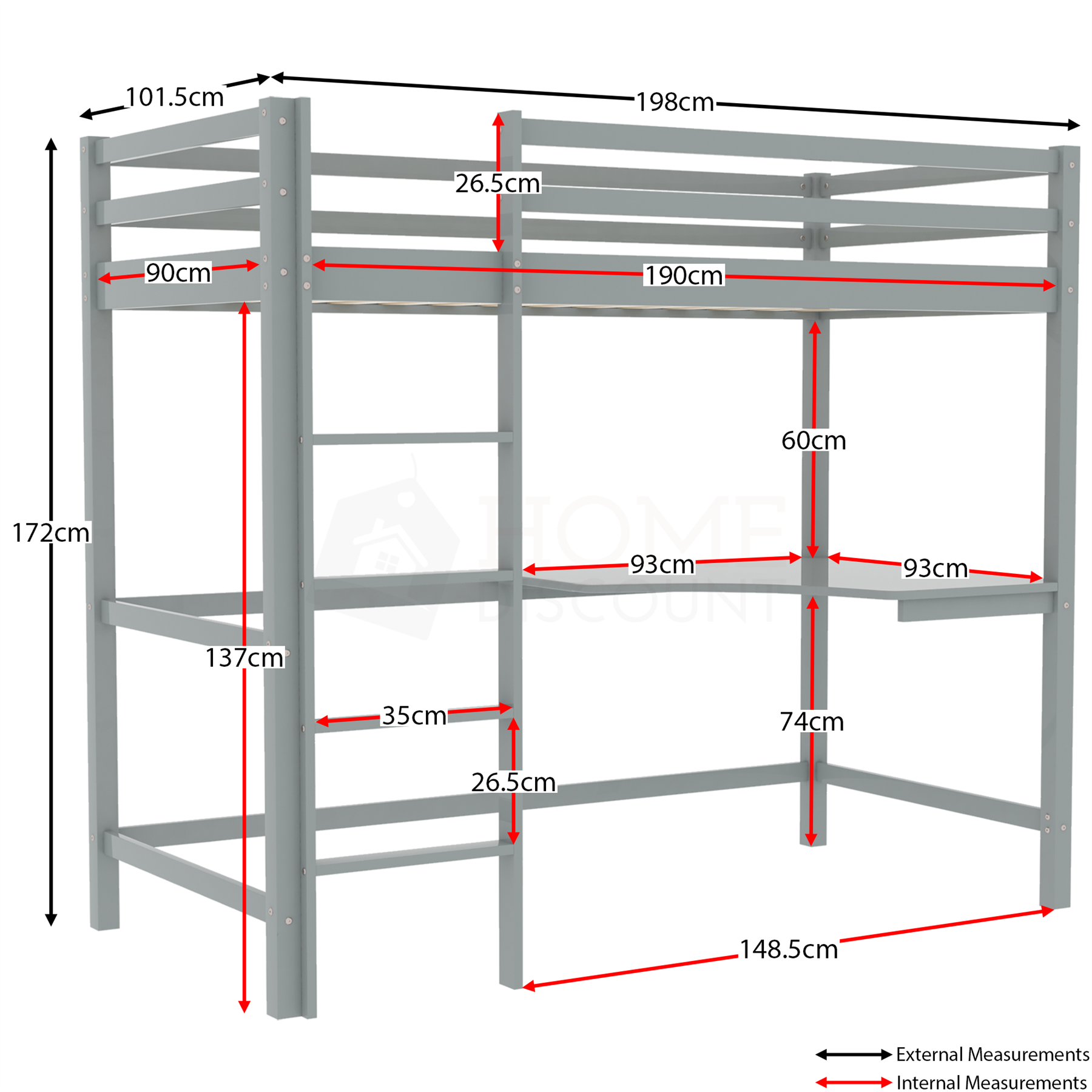 Bunk Bed Solid Pine 3ft Single Kids Children Bed Frame With Desk Mattress Option - Picture 10 of 22