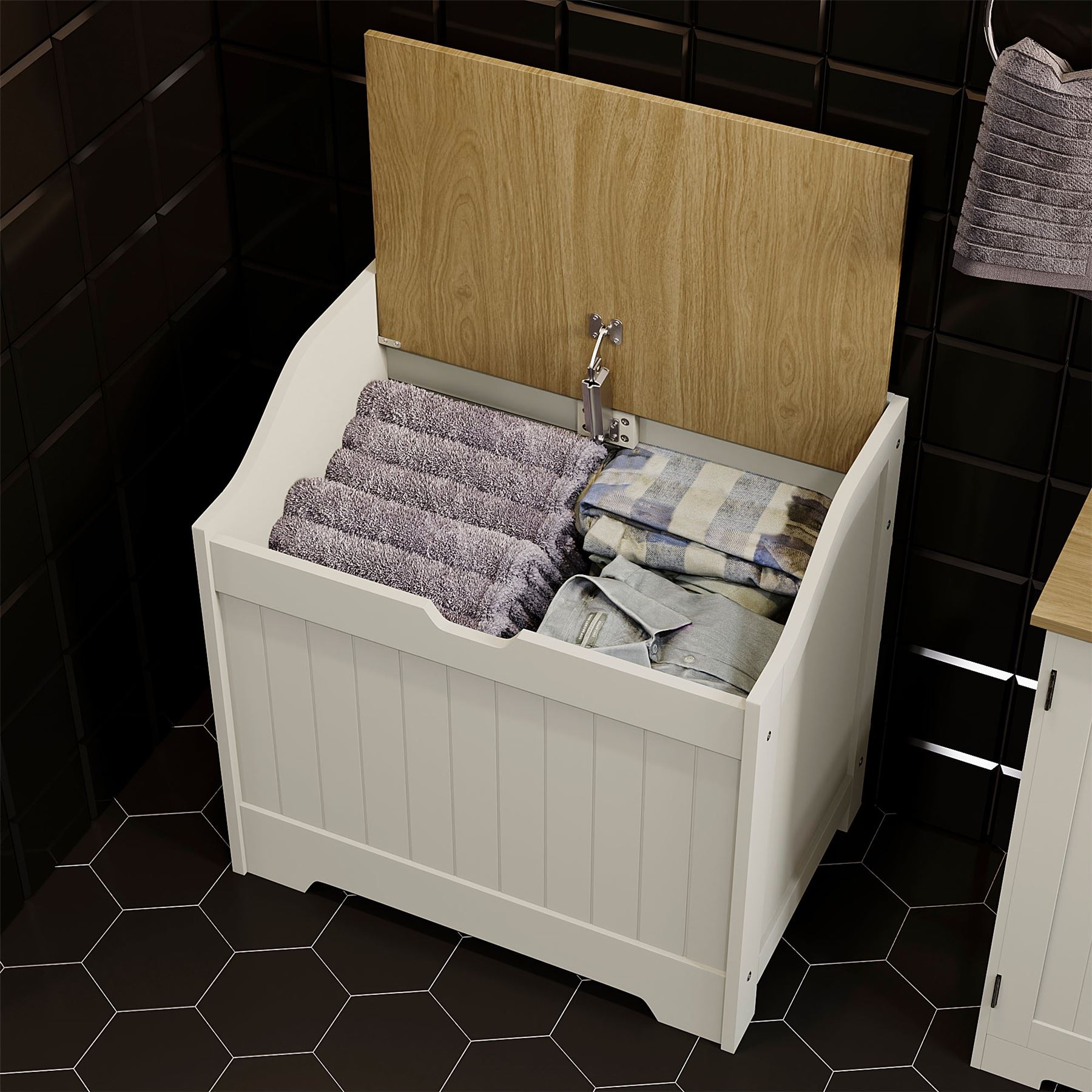 Bathroom Laundry Chest Storage Ottoman Hamper Cabinet Box MDF Wood Basket Bin - Picture 15 of 25