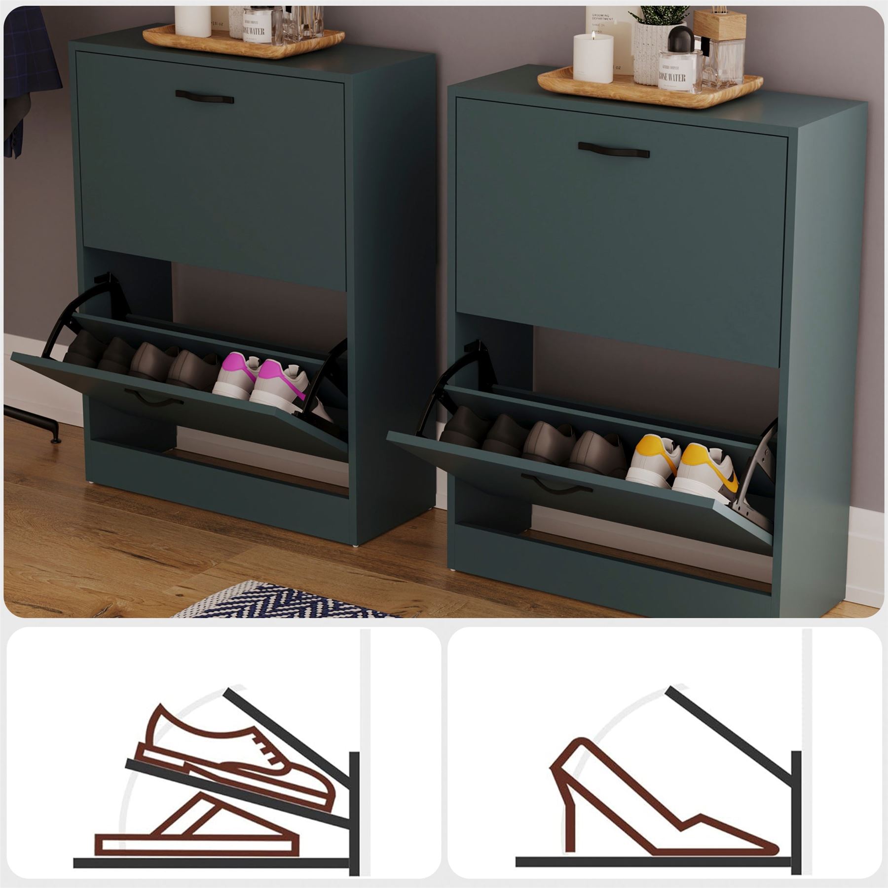 Shoe Cabinet 2 Drawer Storage Organiser Footwear Rack Cupboard Hallway Unit - Picture 35 of 79