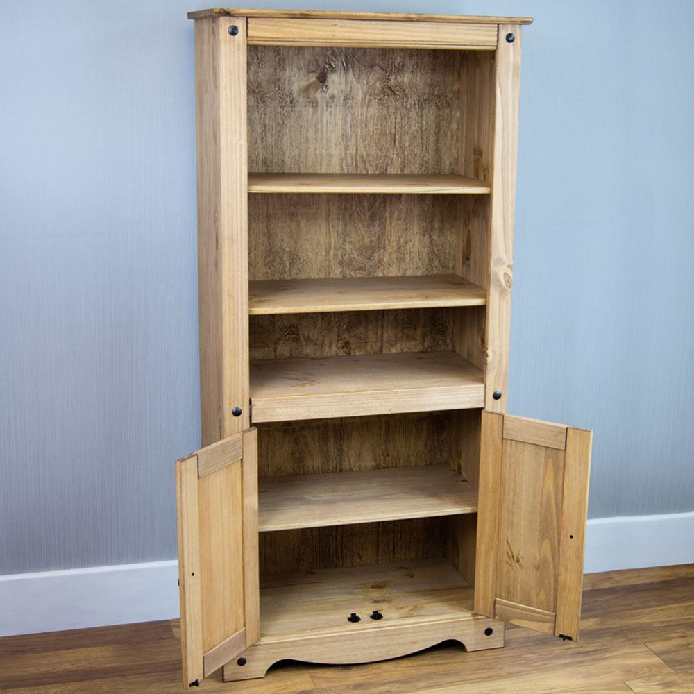 Corona 2 Door Bookcase Display Unit Mexican Solid Pine Wood Waxed