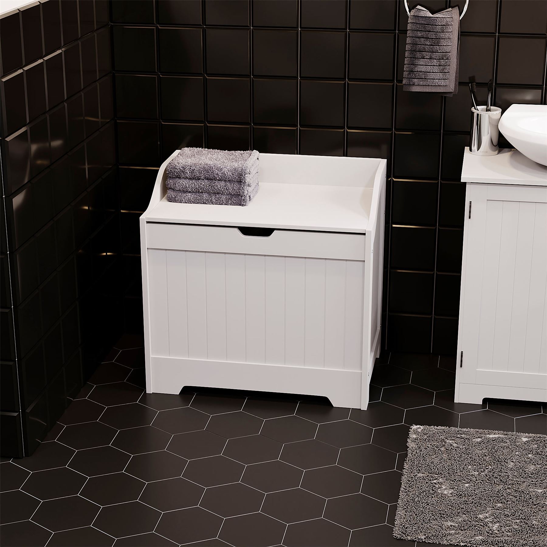 Bathroom Laundry Chest Storage Ottoman Hamper Cabinet Box MDF Wood Basket Bin - Picture 19 of 25
