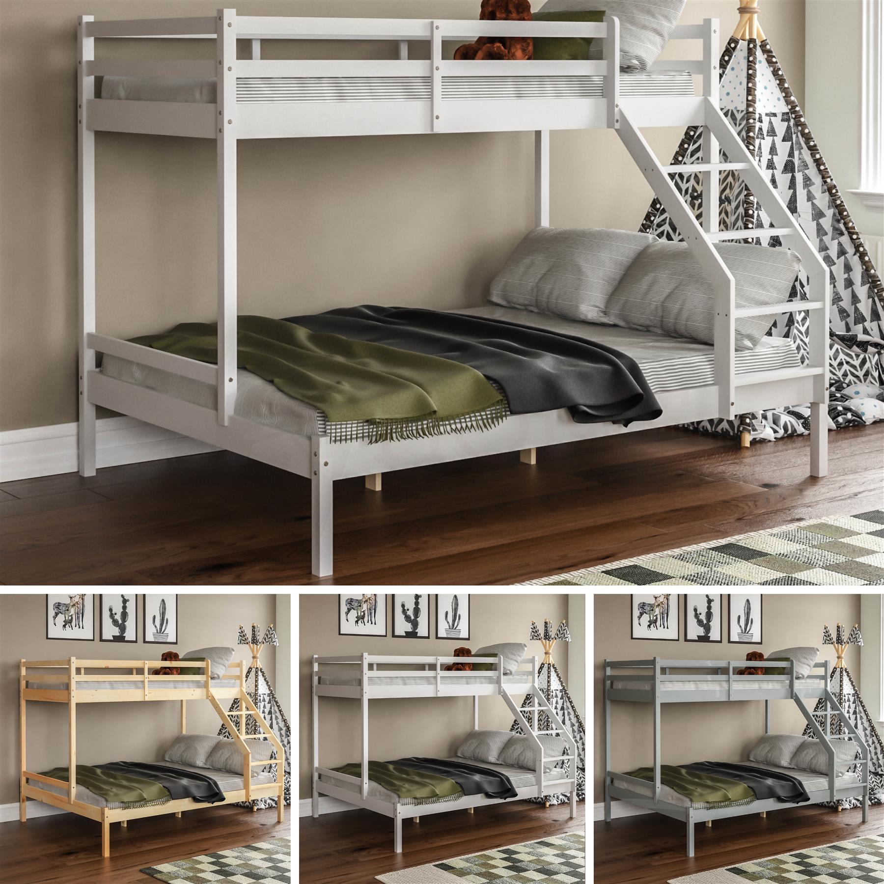 Triple Sleeper Bunk Bed Solid Pine Wood Frame Kids Double & Single 4FT6