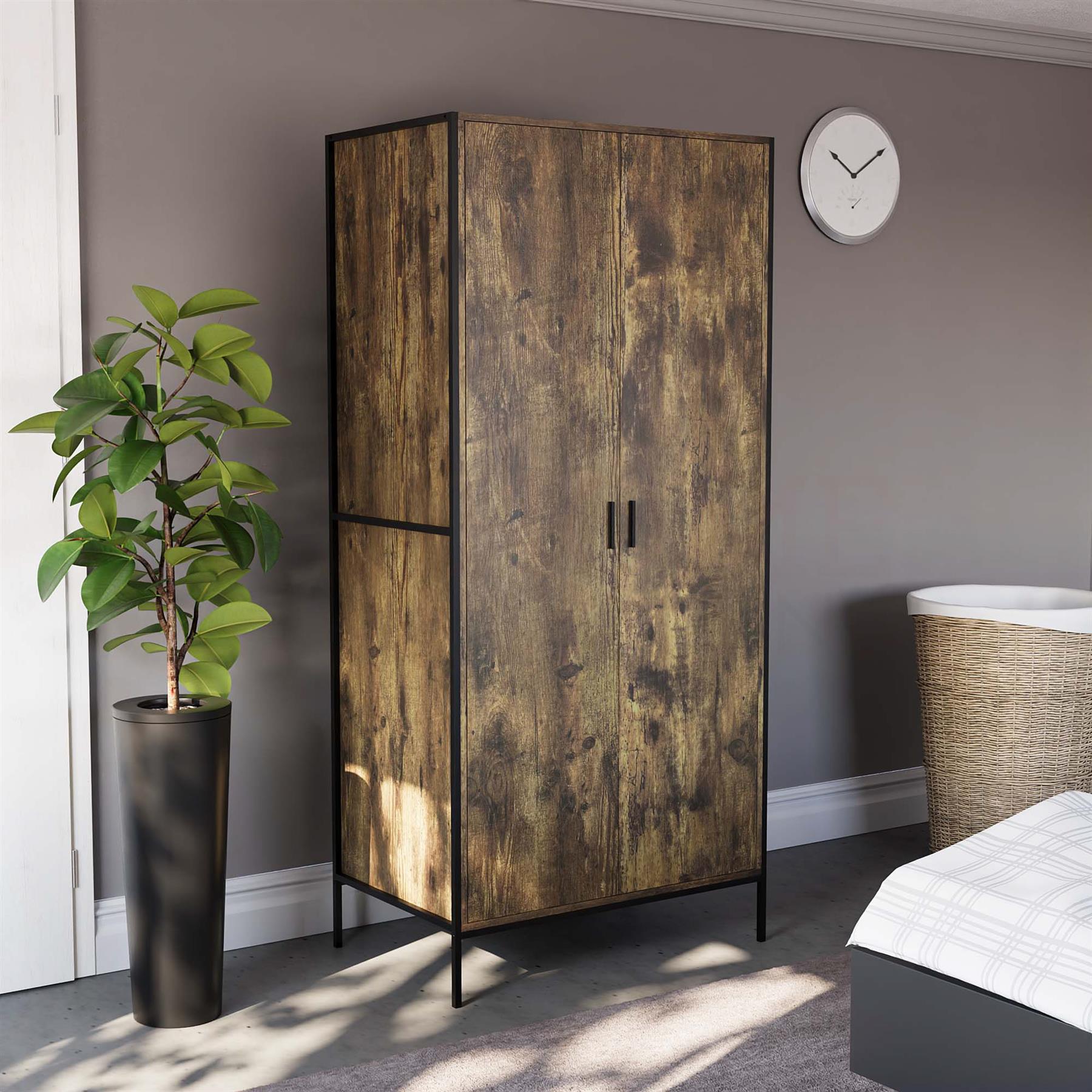 Industrial Wooden Wardrobe With Hanging Rail Shelf Clothes Storage Organiser - Picture 2 of 13