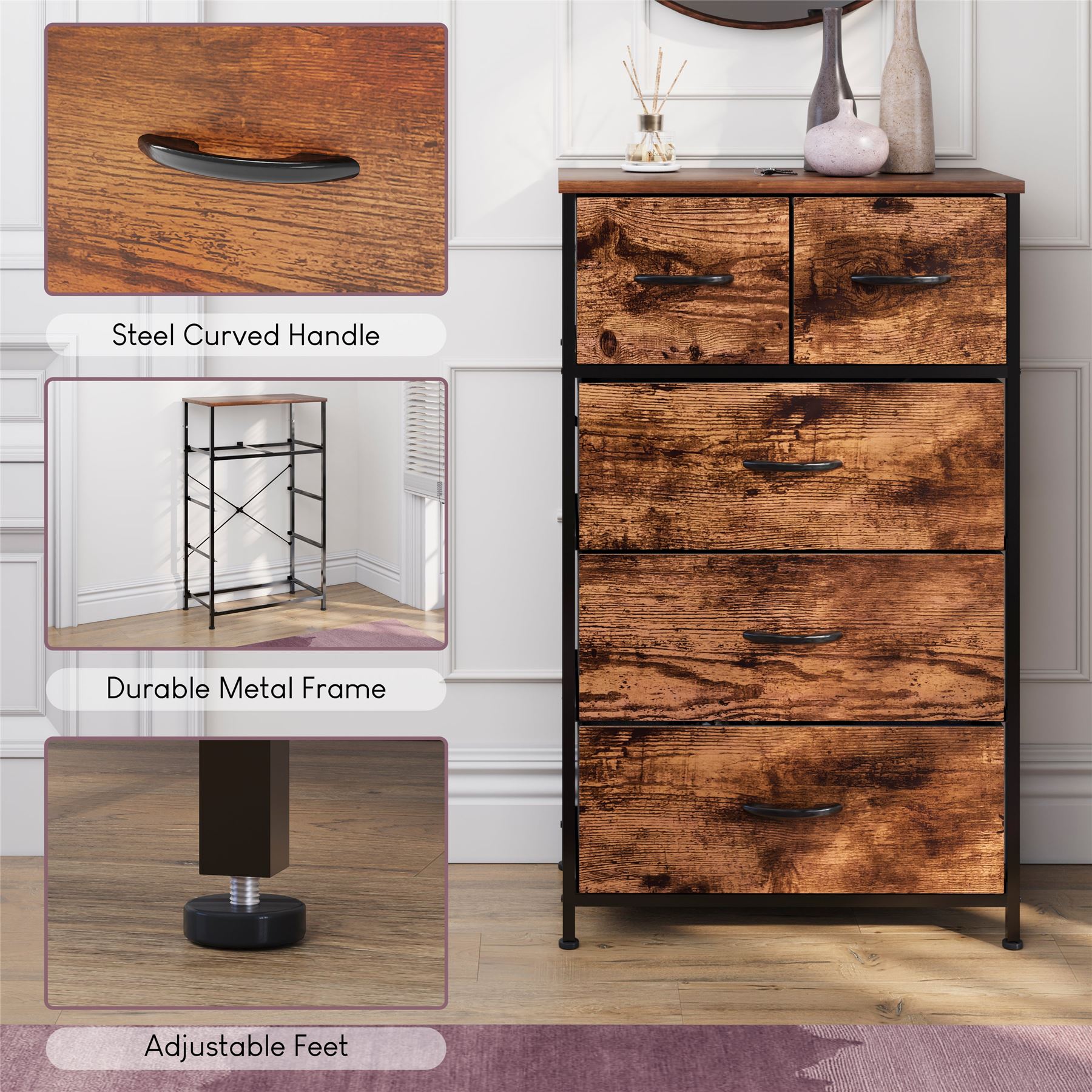 Vida Designs Modern Chest of Drawers 5 Drawer Fabric 'UKFR' Storage Bedroom - Picture 21 of 26