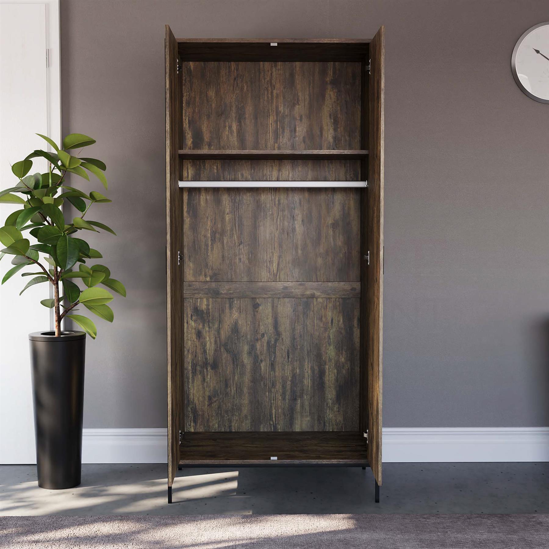 Industrial Wooden Wardrobe With Hanging Rail Shelf Clothes Storage Organiser - Picture 7 of 13
